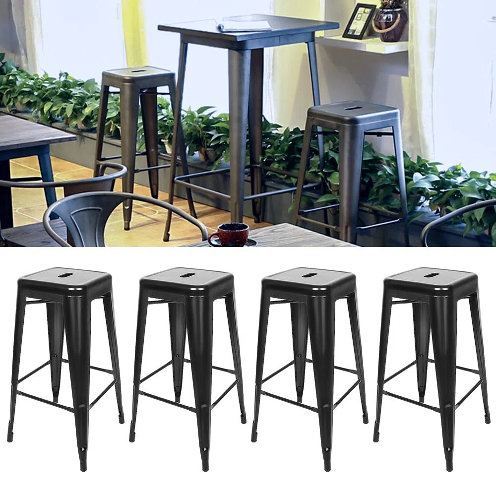 DDMINE Lot de 4 Tabourets de Bar Industriel, Tabouret Bar Tabourets Haut Empilable, Chaise de Bar Metal pour Exterieur Interieur, Max. 150kg (Noir, Hauteur 76cm)