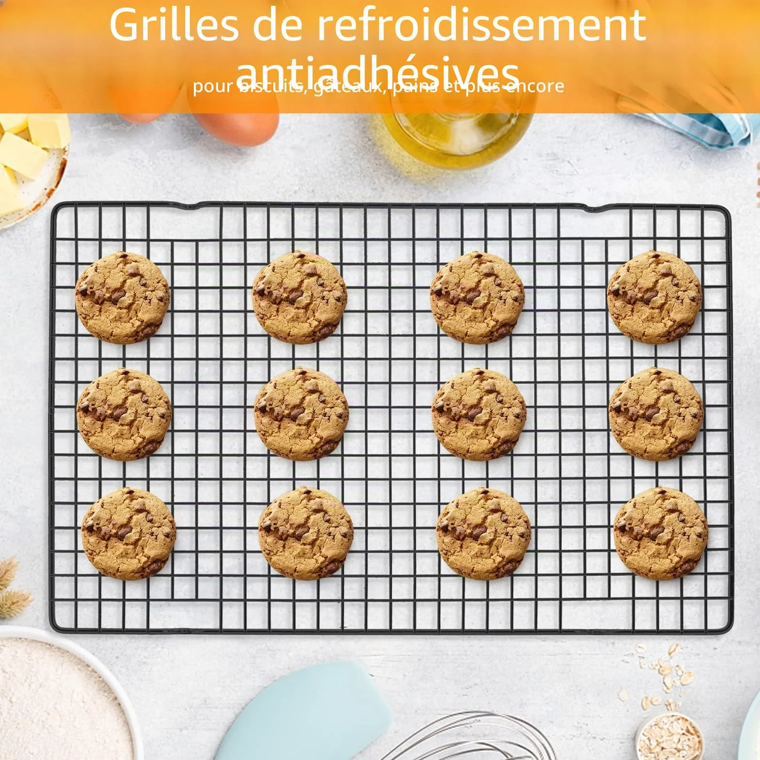 Tebery Lot de 4 grilles de refroidissement en acier au carbone pour cuisson gâteau pizza viande