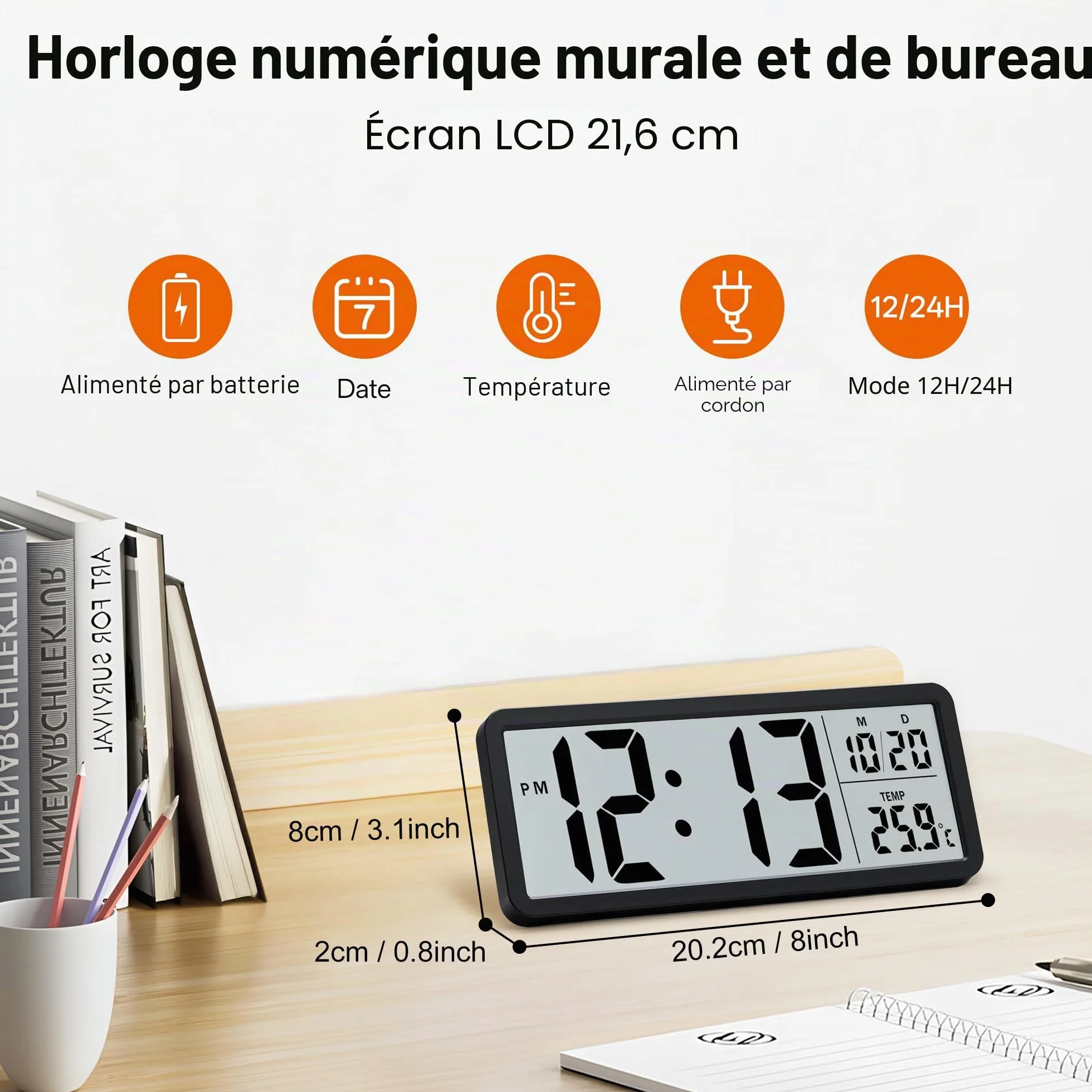 Lafocuse Horloge Murale Numérique 8.5" LCD Grande Chiffre avec Température Date 12/24H Noir