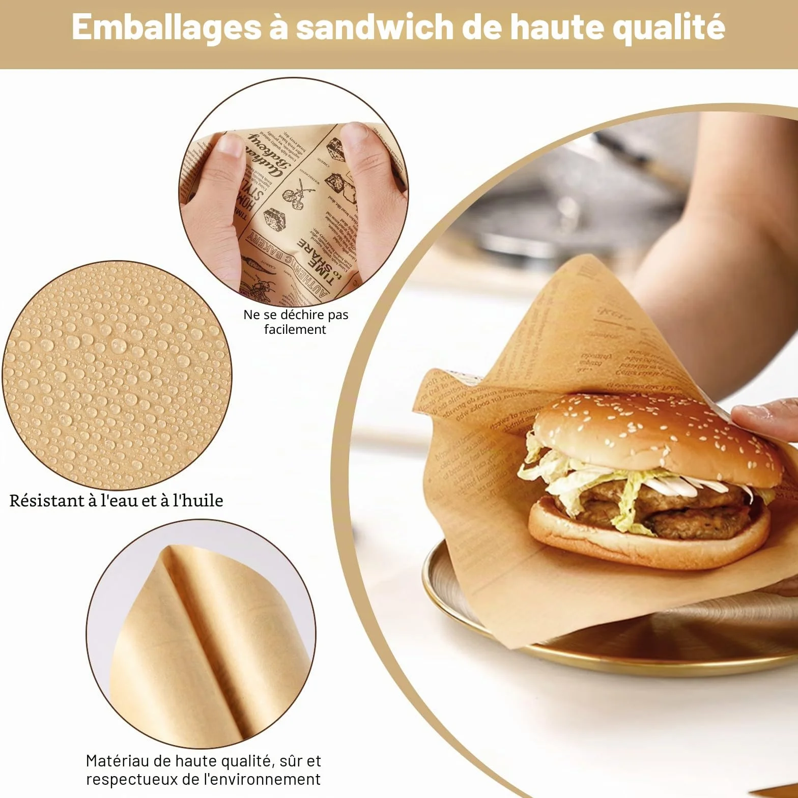 Papier Emballage Alimentaire 15 x 15 cm 150 PCS pour Sandwich Burger Frites