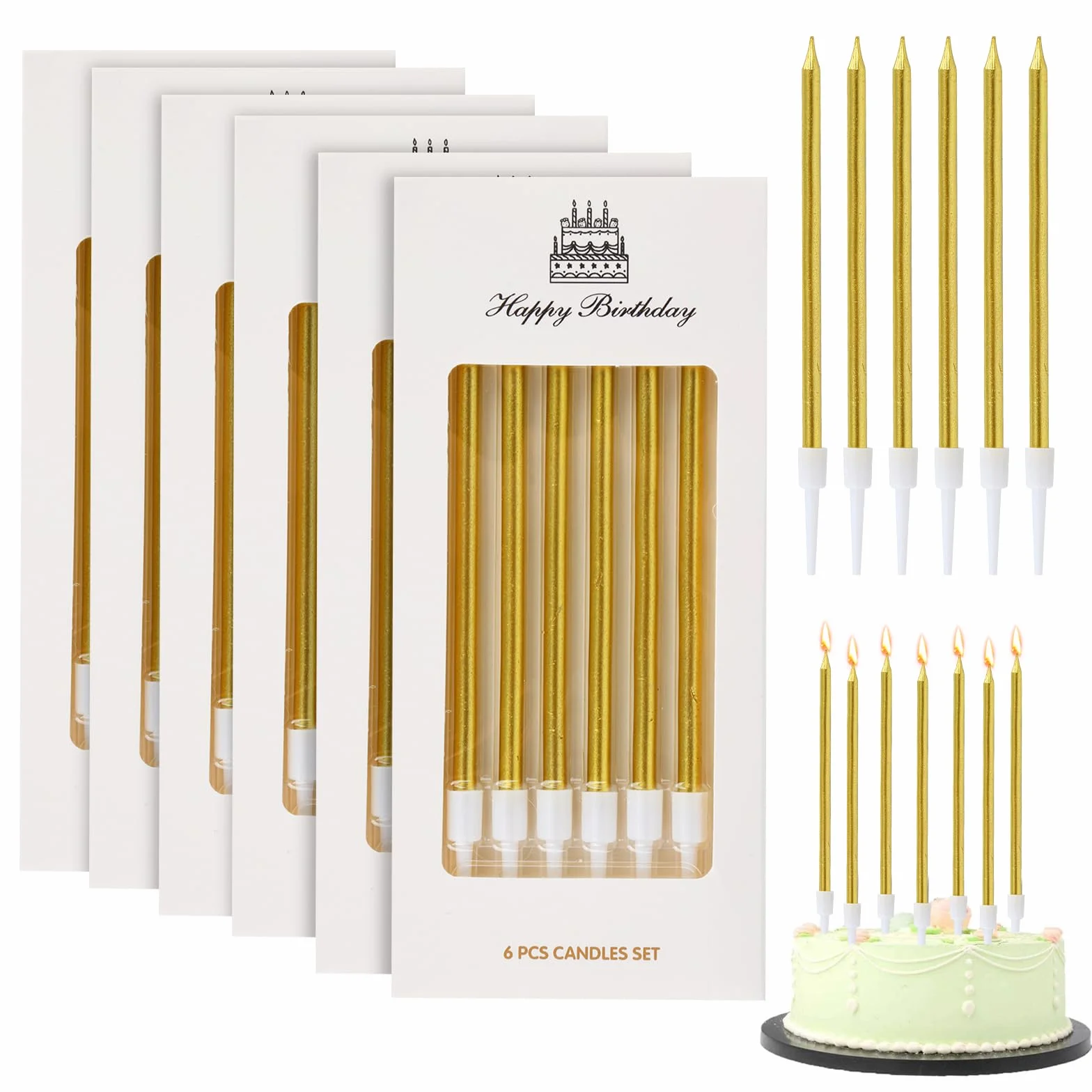 Bougies Anniversaire Dorée 36 Pièces avec Supports Longues et Fines Gold pour Gâteau Fête