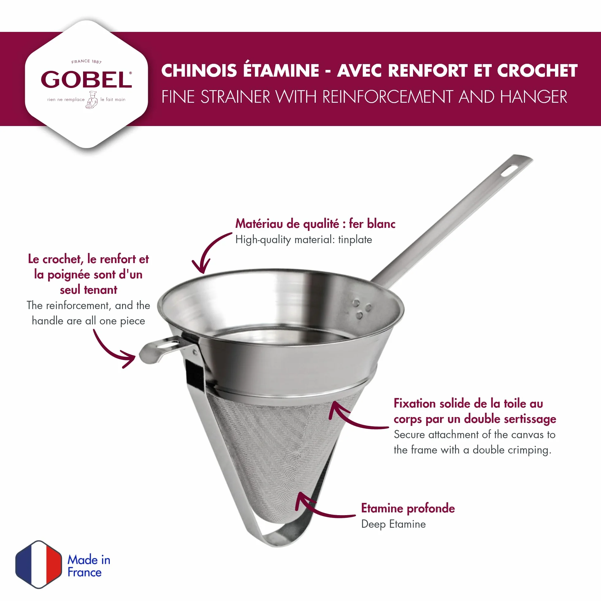 Tamis Chinois INOX Ø 20 cm Protection Renforcé Fabriqué en France