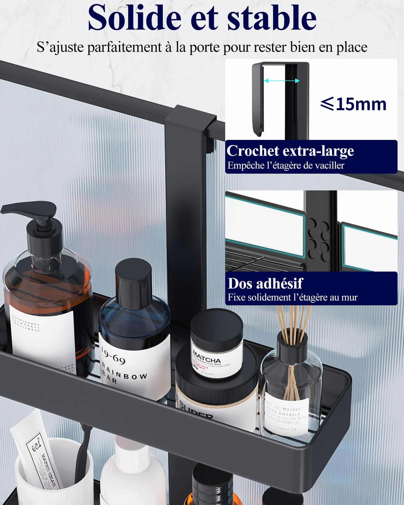 Kitsure Étagère Douche Suspendue 2 Niveaux sans Perçage Antirouille Rangement Salle de Bain Noir 29,1 x 11,2 x 55,3 cm