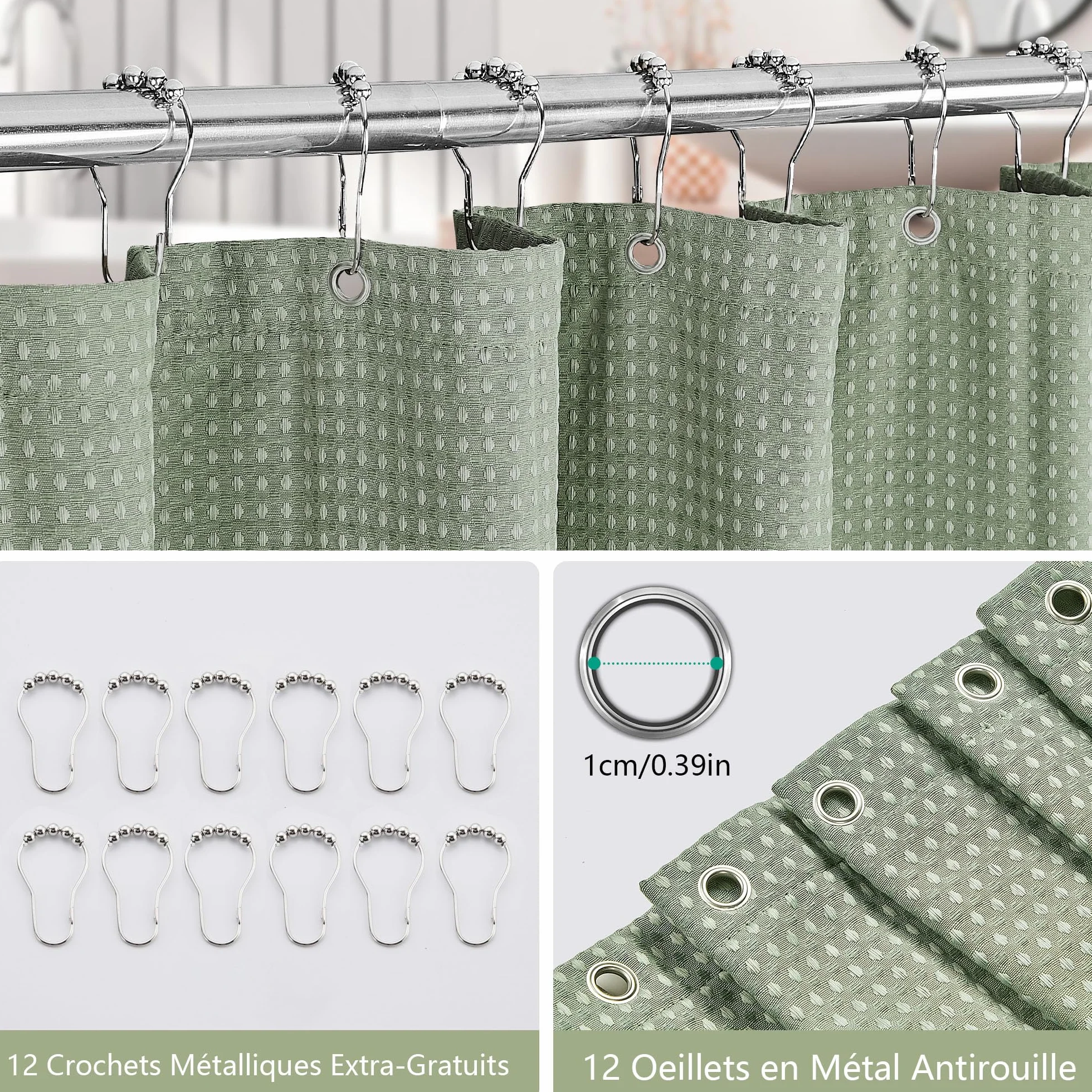 Rideau de Douche en Tissu Polyester Lavable en Machine Imperméable 183 x 183 cm avec 12 Crochets Vert
