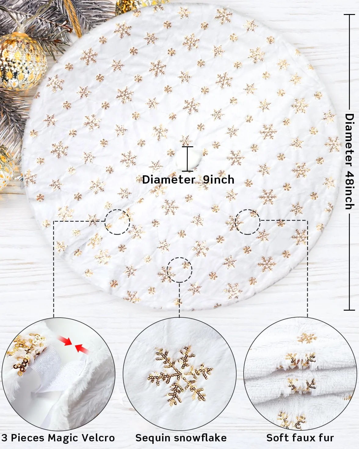 COOLWUFAN 48in 120cm Jupe de Sapin de Noël Blanc Doré Sequin Flocon de Neige