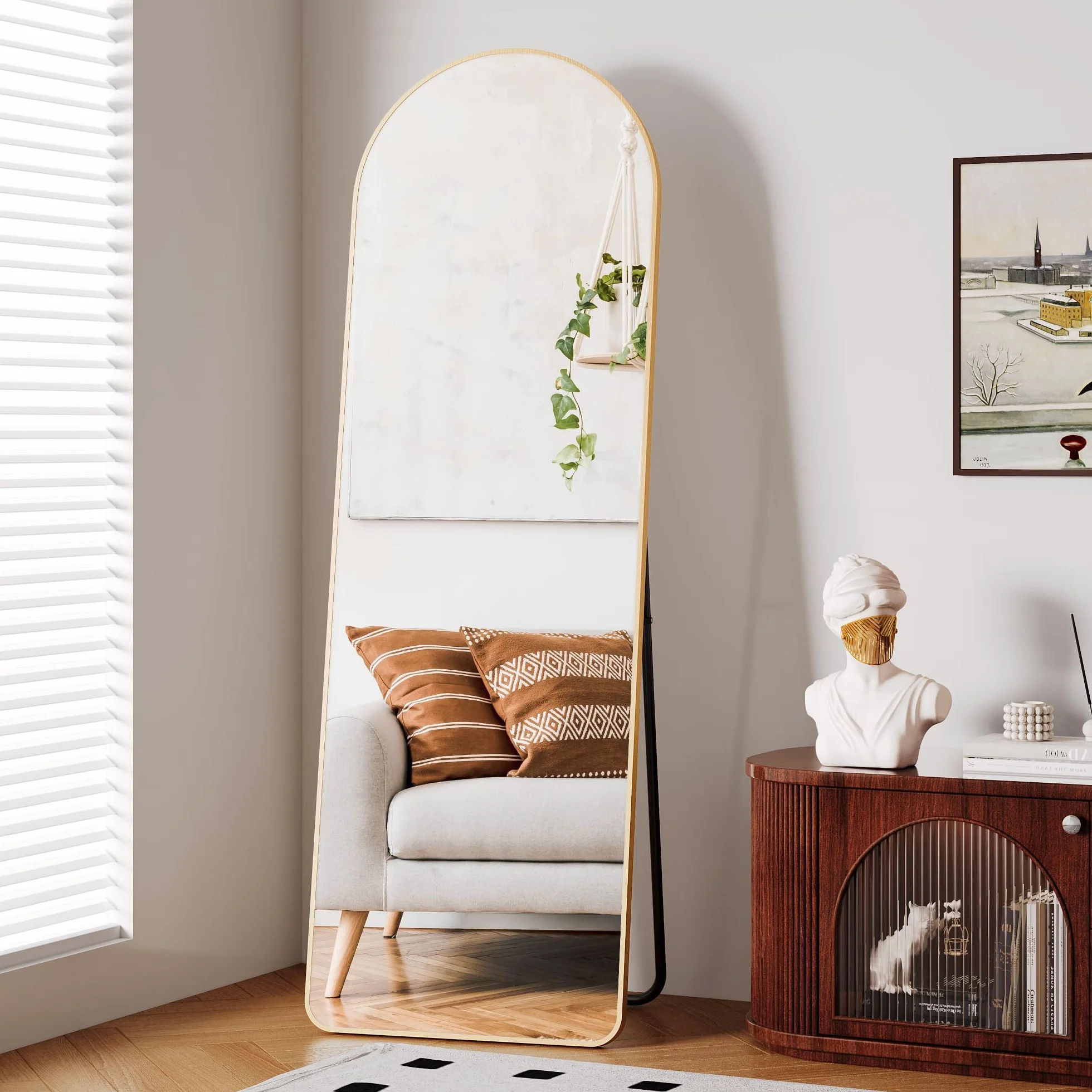 Clevich Grand Miroir sur Pied 162 x 50 cm Cadre Aluminium Support Métal Miroir Mural Arche HD Doré