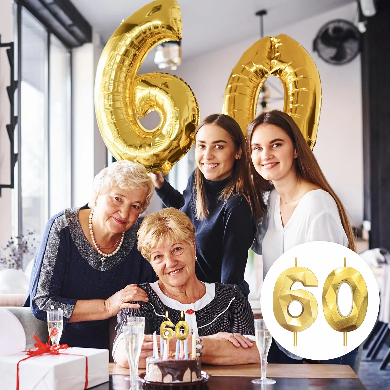 Bougies d'anniversaire 60 ans Doré 3D Décoration Gâteau Fête