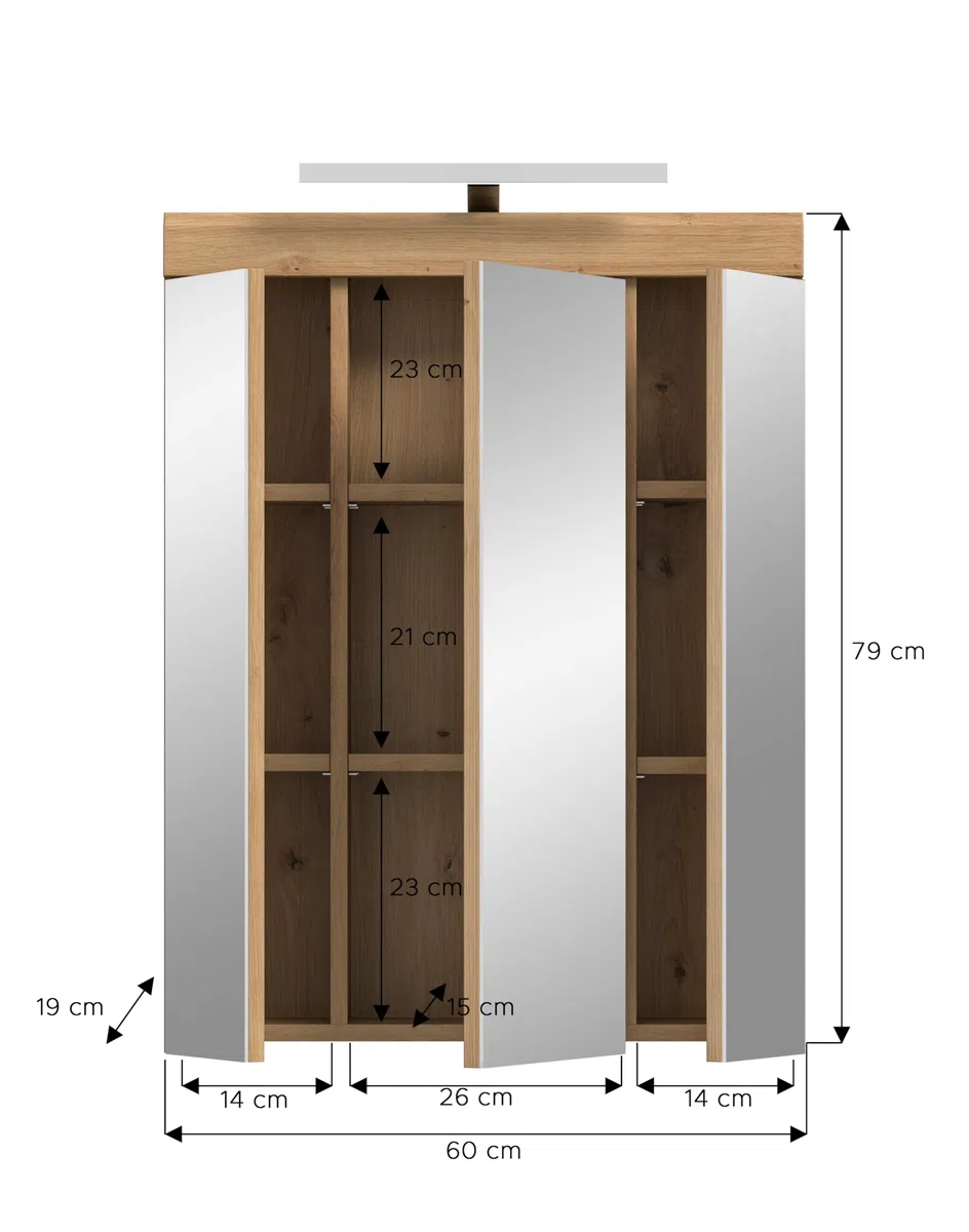xonox.home Bad Scout X06N3726 Armoire à Pharmacie avec Miroir et éclairage Imitation chêne Artisanal, env. 60 x 79 x 18 cm
