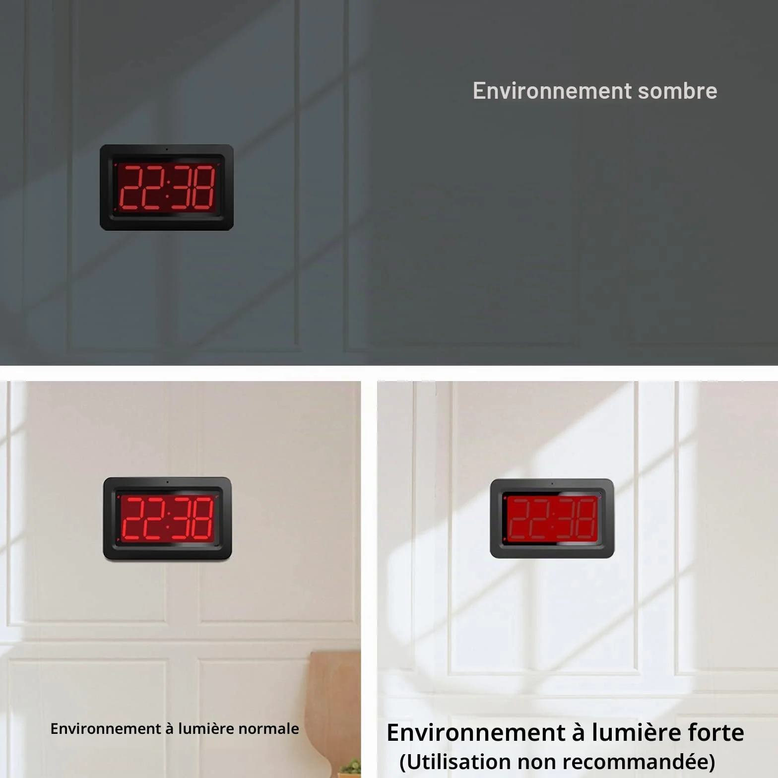 Horloge Murale LED Affichage Numérique Rouge 21,5 x 14 x 4,5 cm Alimentée par Batterie ou Adaptateur Réveil Lumineux