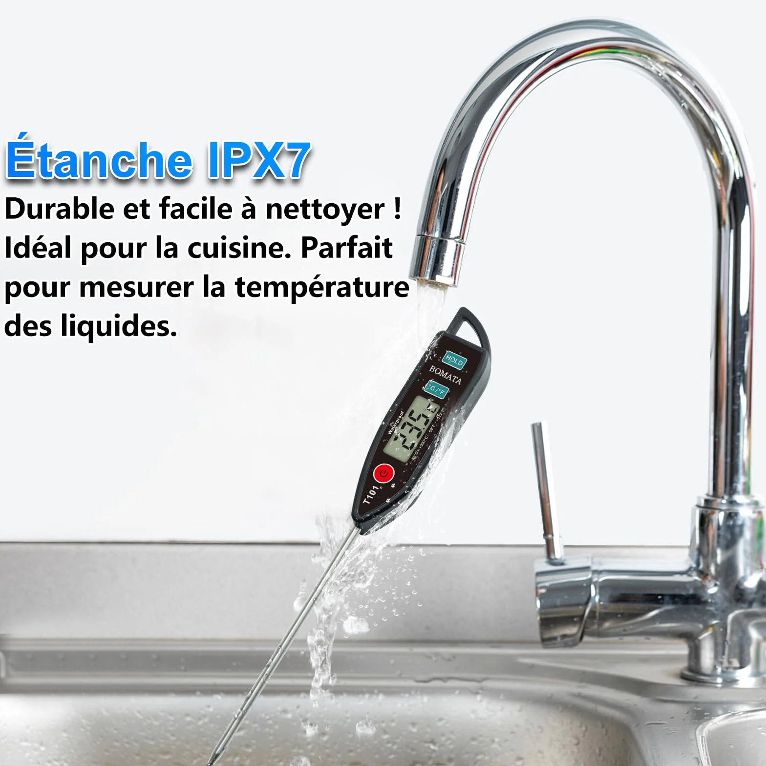 BOMATA Thermomètre étanche IPX7 T101 Noir, sonde longue lecture instantanée