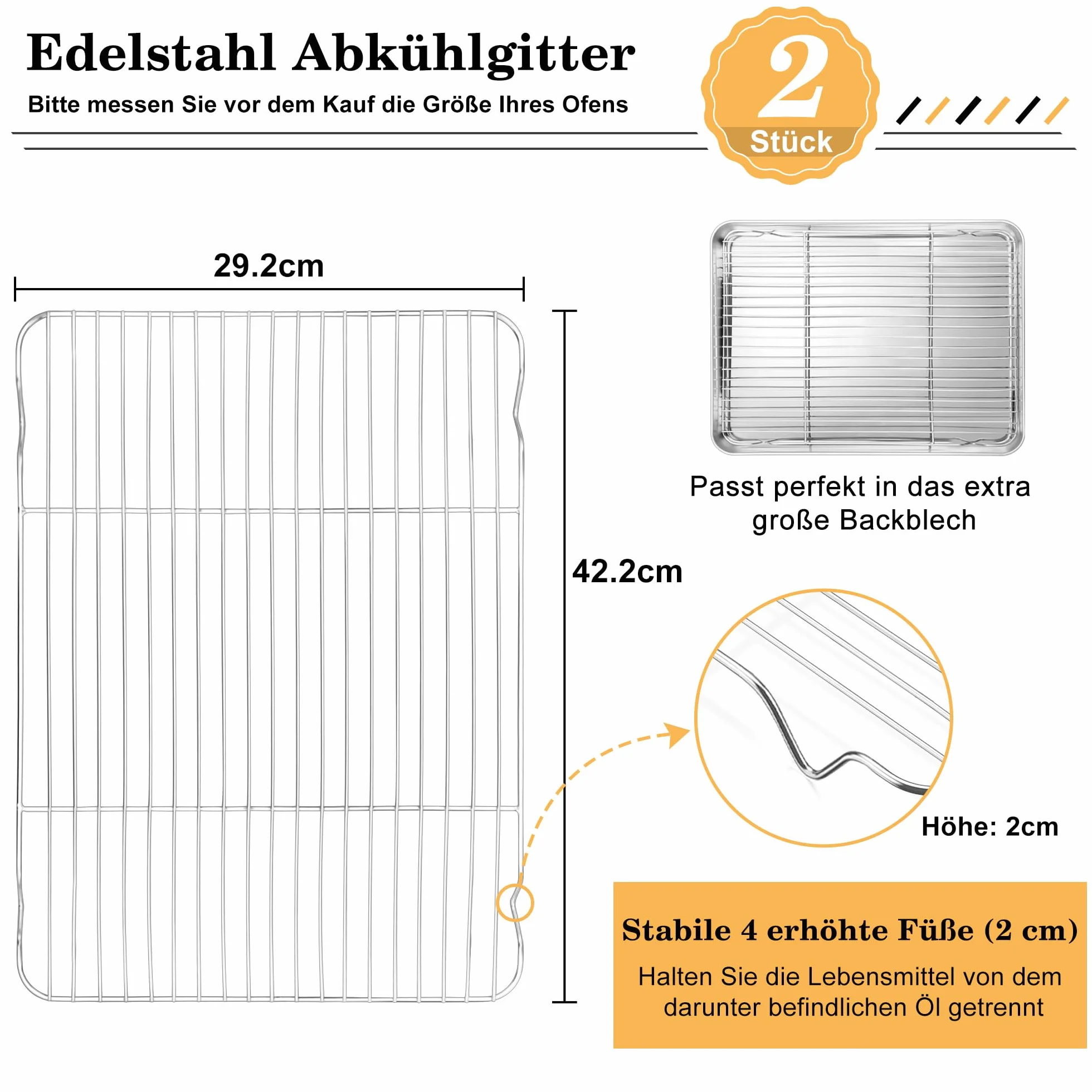 HaWare Lot de 2 grilles de refroidissement en acier inoxydable 42 x 29,2 x 2 cm rectangulaires