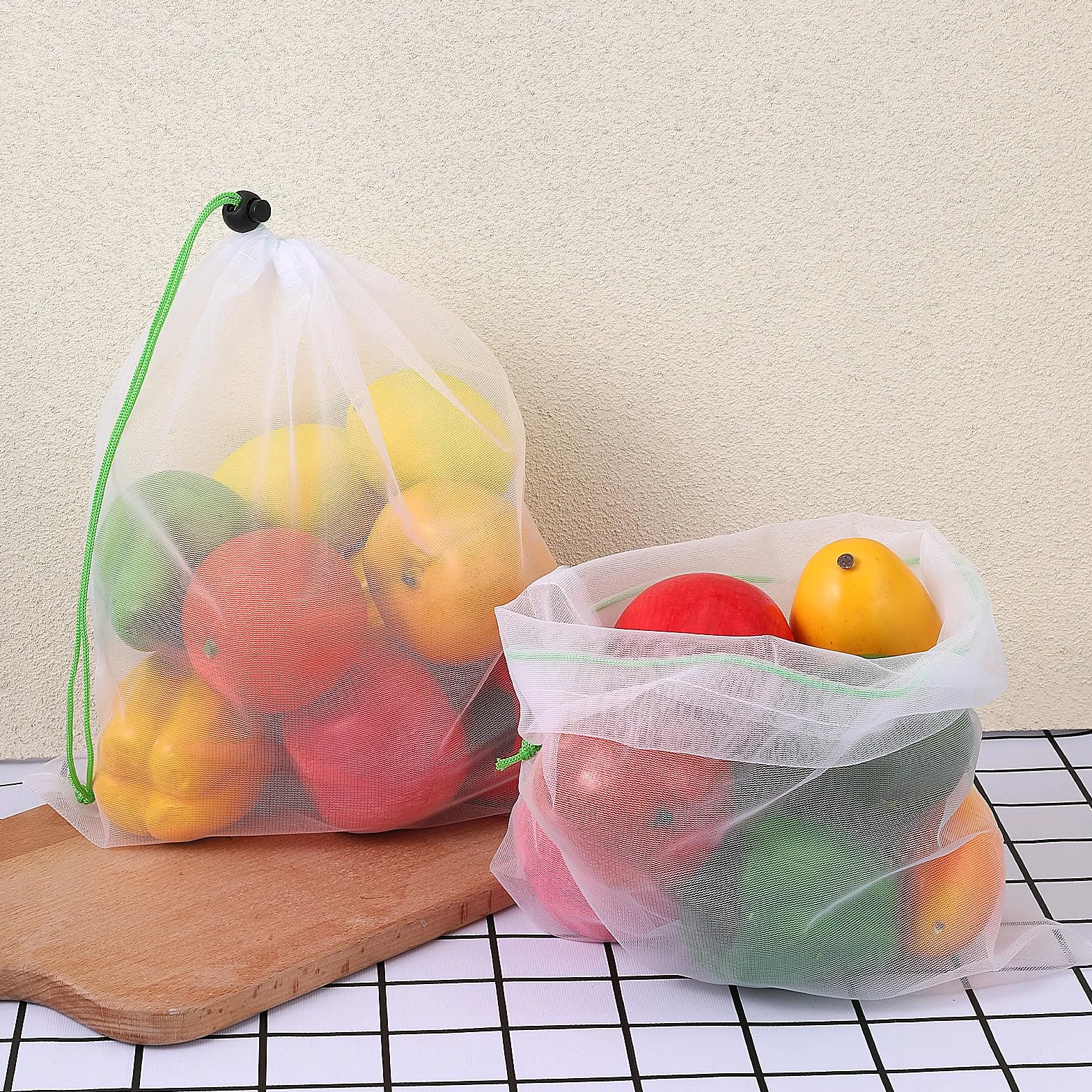Sacs réutilisables en filet pour fruits et légumes, lot de 8 avec cordon de serrage