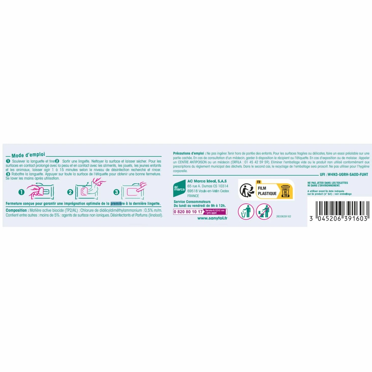 Sanytol Lingettes Désinfectantes WC Lot de 3 x 72 Bactéricide Virucide Fongicide Sans Javel Fabrication Française