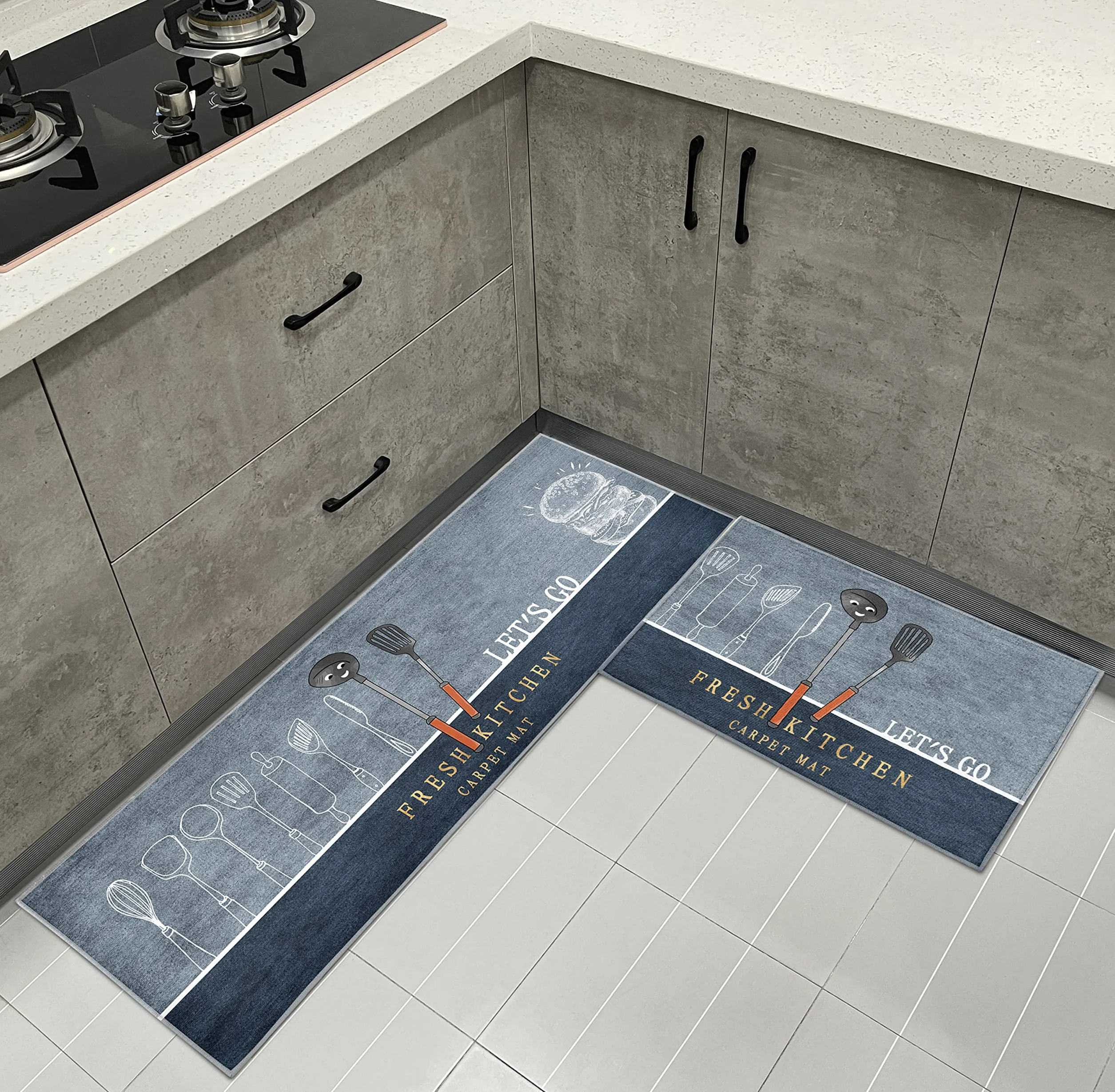 Tapis de Cuisine antidérapants Lot de 2, Absorbe l'eau et l'huile, Résistant à la poussière, Intérieur, Hamburger, 43 x 75 + 43 x 150 cm