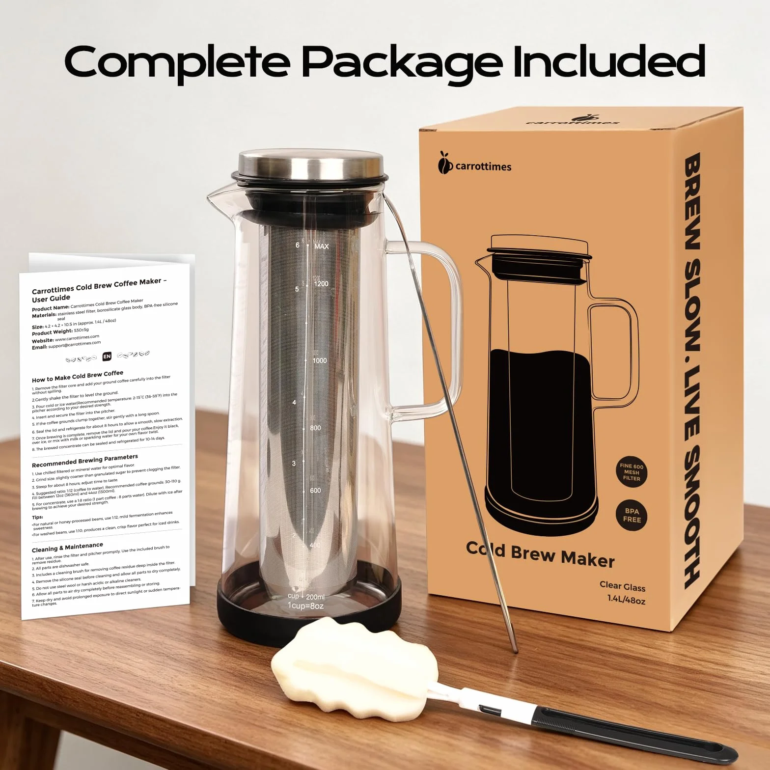 Machine à café Cold Brew 1,4 l filtre en acier inoxydable extraction profonde pichet thé glacé