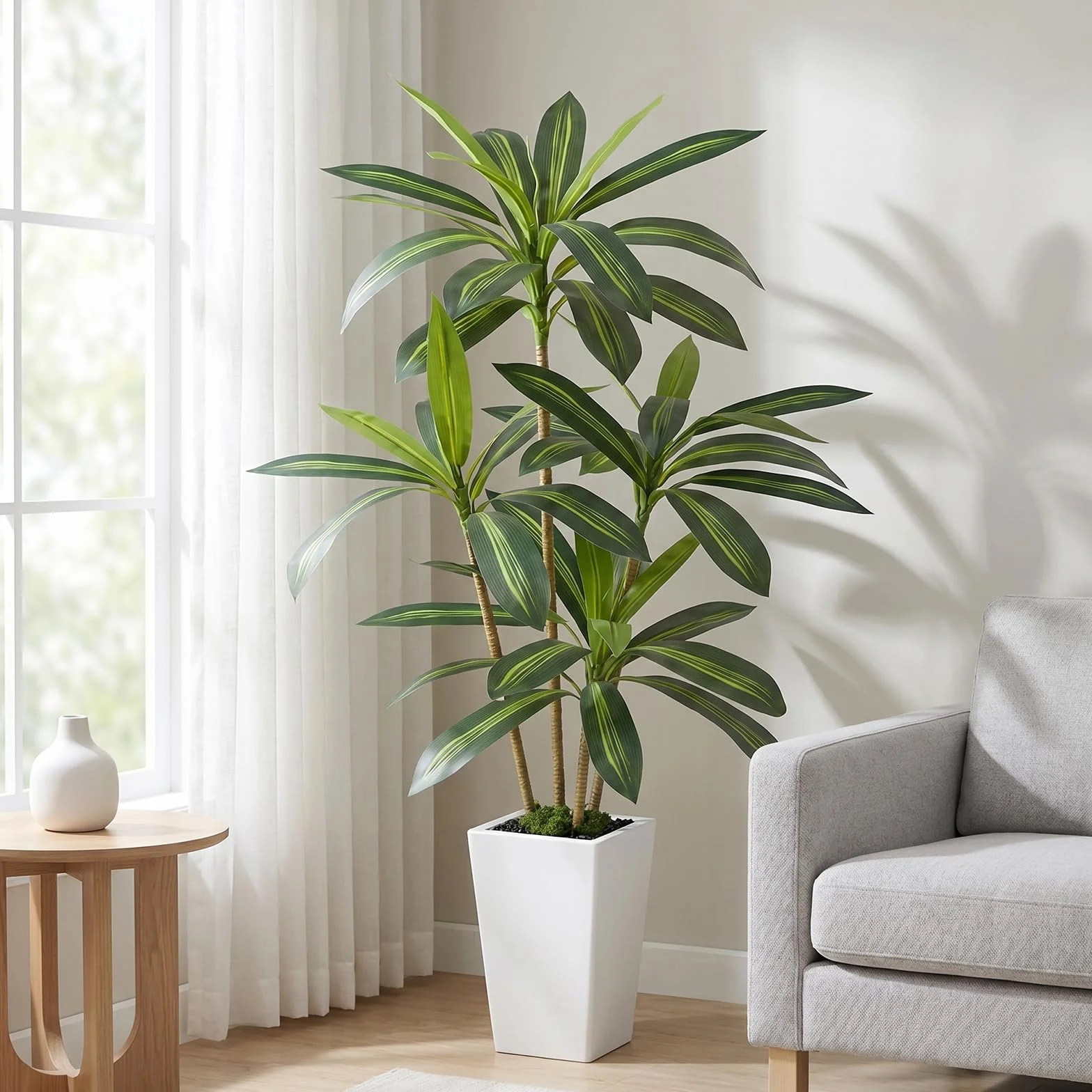 Dracaena Artificiel 160 cm Arbre Artificiel Interieur avec Pot Blanc Plante Artificielle Grande Tropical