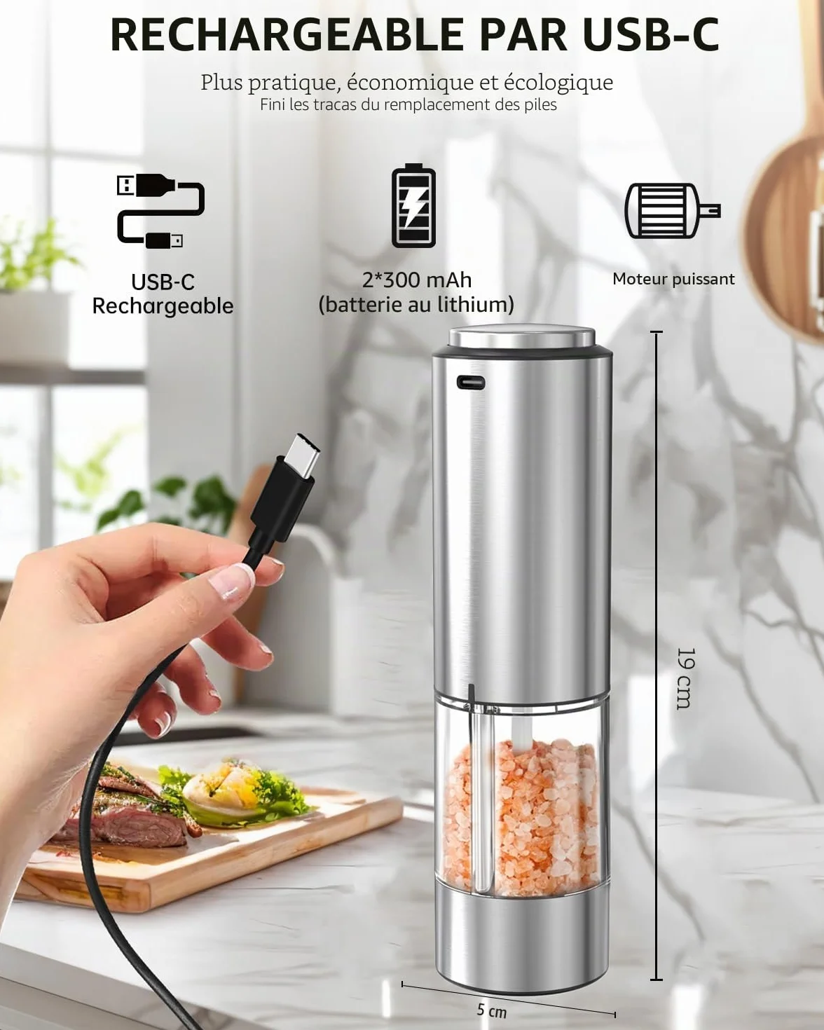 Moulin à Poivre Électrique en Acier Inoxydable Rechargeable 95ml avec Lumière LED Blanche