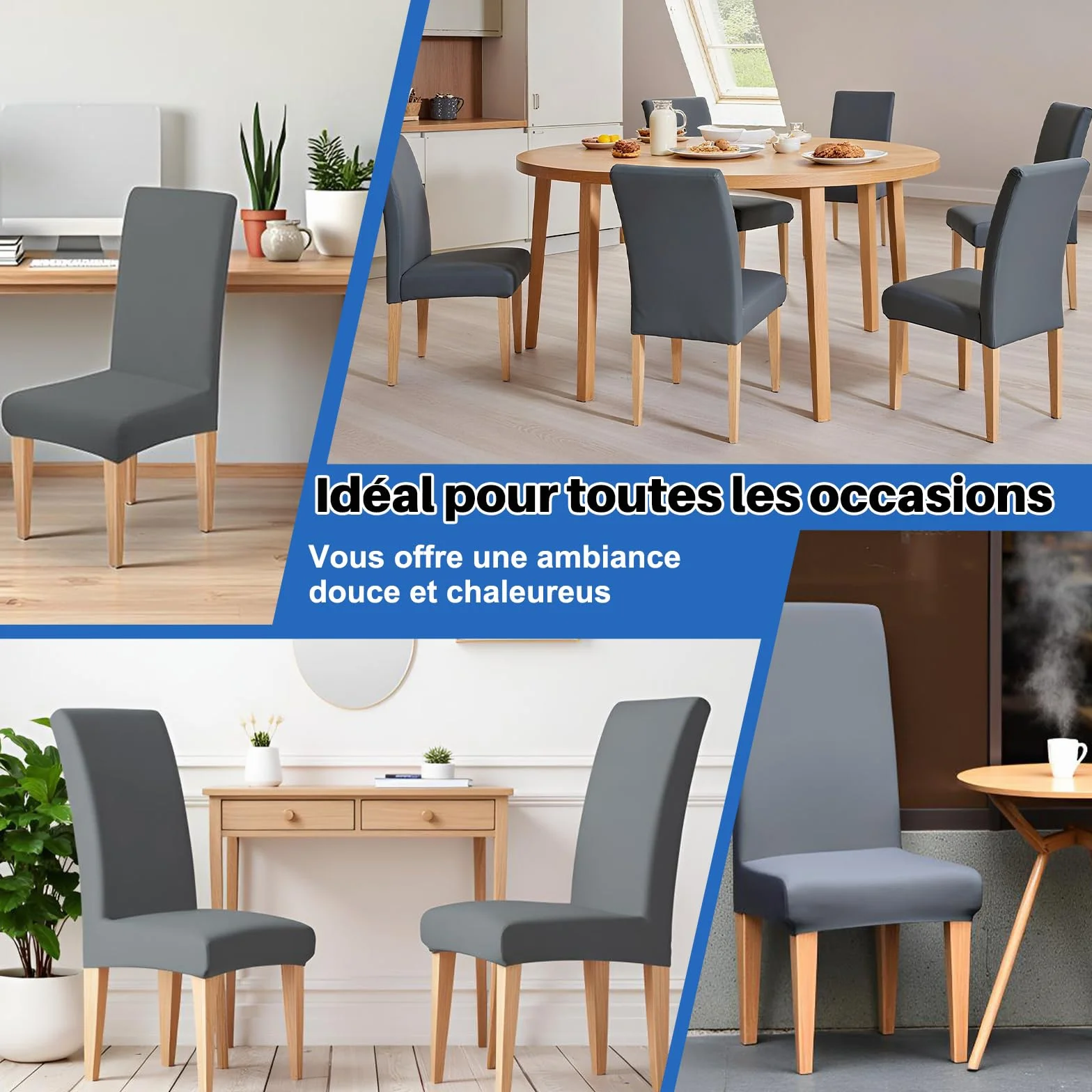 Housse de Chaise Extensible 4 Pièces Amovible Lavable Gris pour Salle à Manger Hôtel