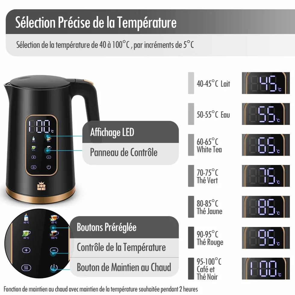 ForMe Bouilloire Electrique Inox 1,7L Contrôle de Température Réglable 40-100°C LED Affichage Maintien au Chaud