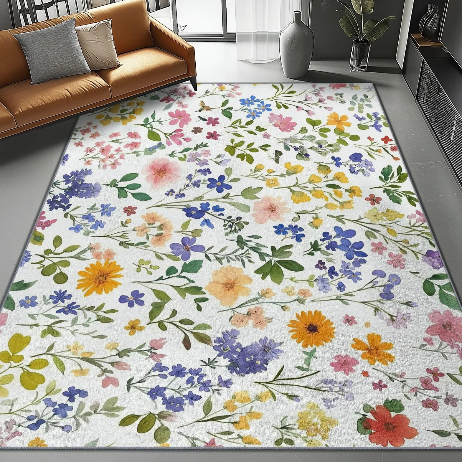 Tapis de Salon 80x150 cm Antidérapant Lavable en Machine Motif Aquarelle Fleurs Sauvages