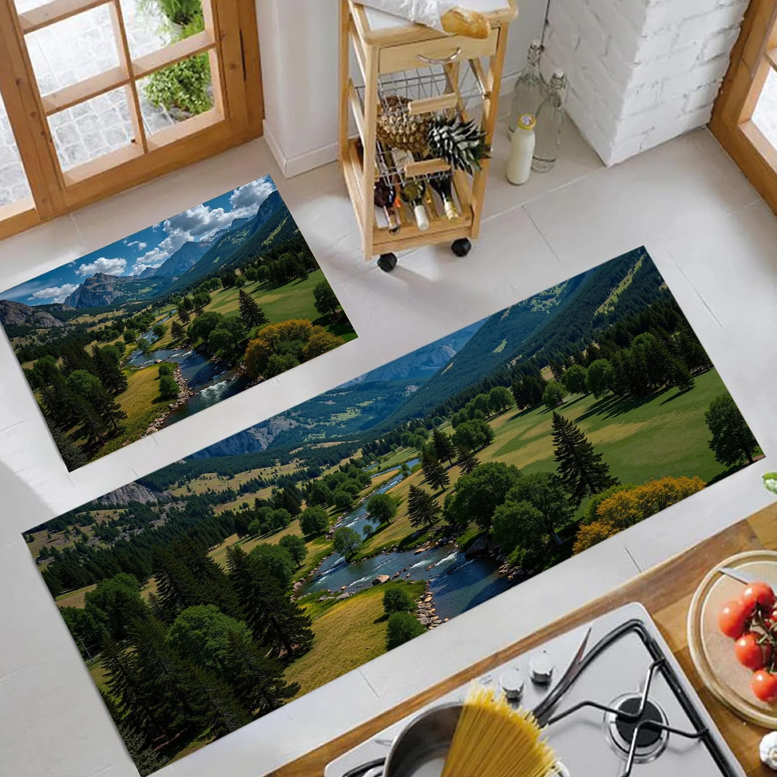 Tapis Cuisine Antiderapant Lavable Lot De 2 Parc Forestier Naturel, Tapis Anti-Fatigue Design Paysage Montagne Vert Foncé pour Couloir Salle À Manger Entrée