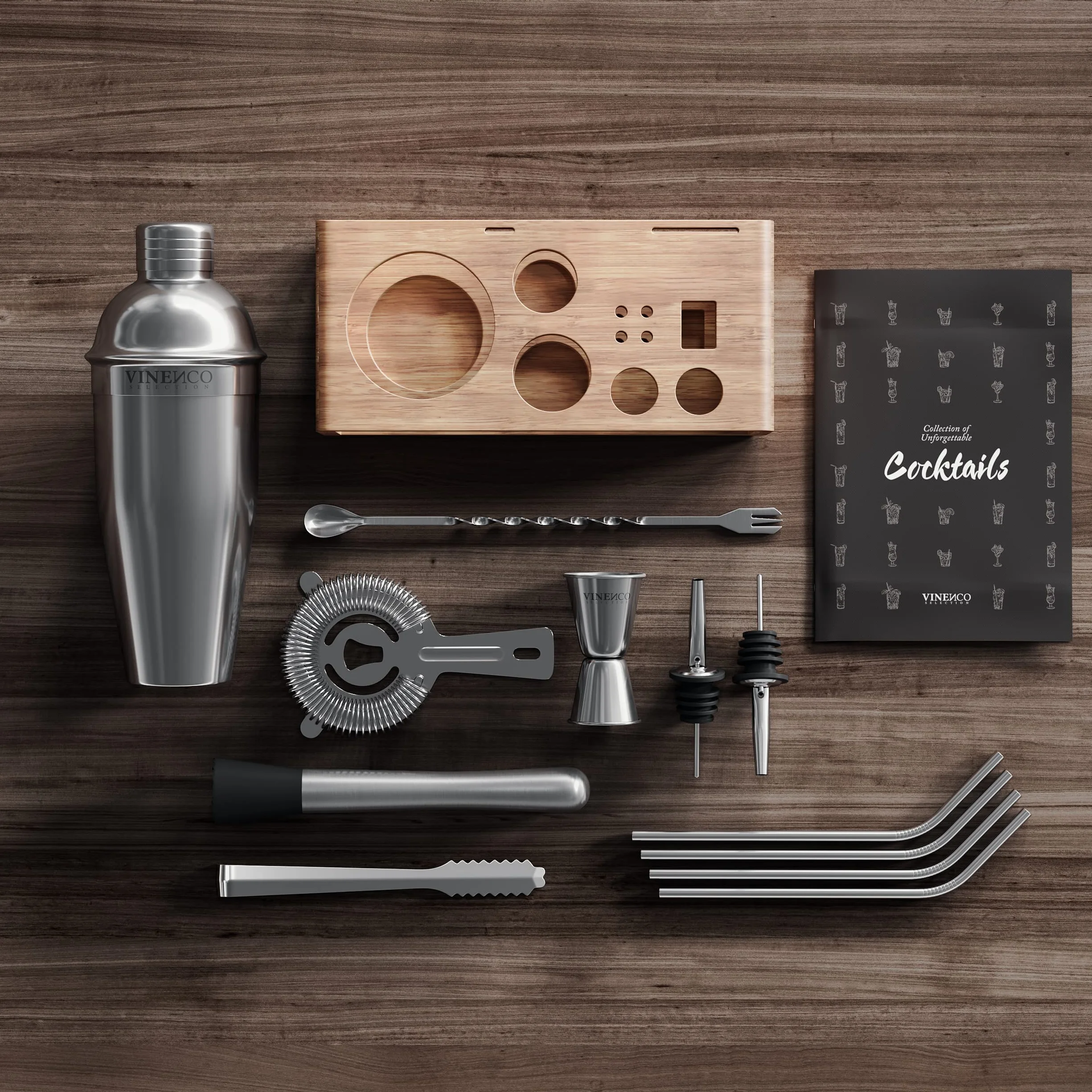 Cocktail Shaker Kit INOX Qualité Extra avec Support, Livre Cocktail, Accessoires Professionnel pour Bar - Cuillère Pilon Jigger Paille - Set Cadeau Homme Femme