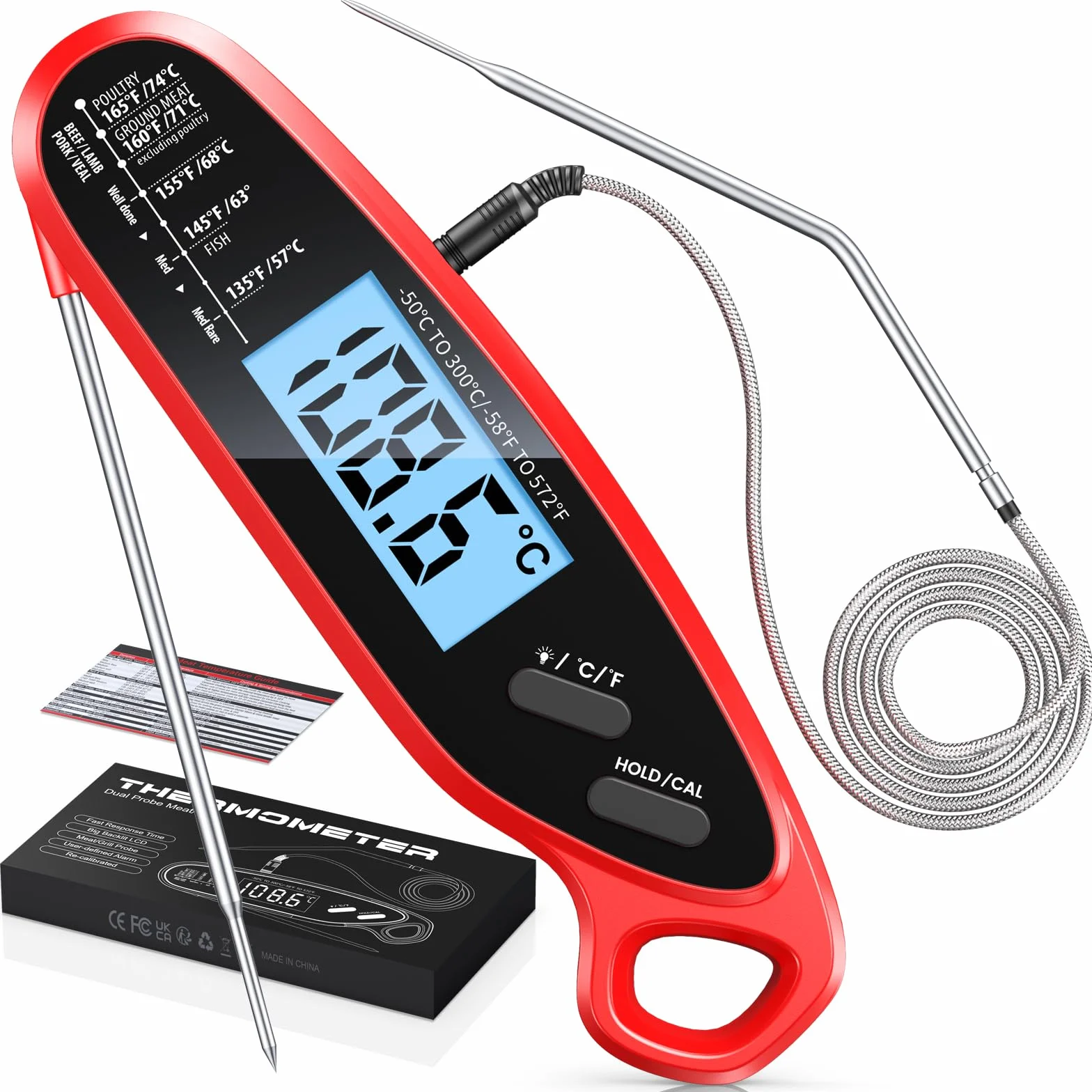Thermomètre Cuisine Double Sondes Pliables 3s Lecture Instantané Digital Rétroéclairage LCD Calibration Cuisson Ustensile Four BBQ Fumoir