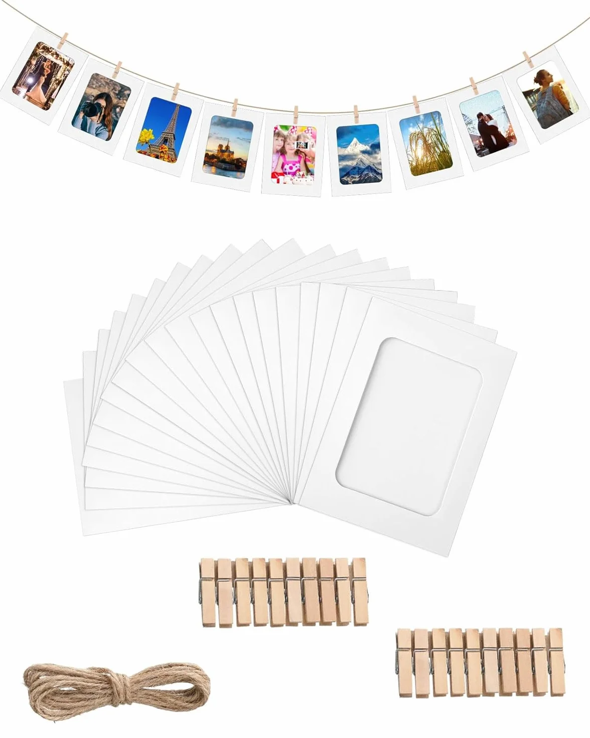 Cadres Photo en Papier 20pcs DIY Mini Clips en Bois Cordes en Chanvre Décoration Murale Maison