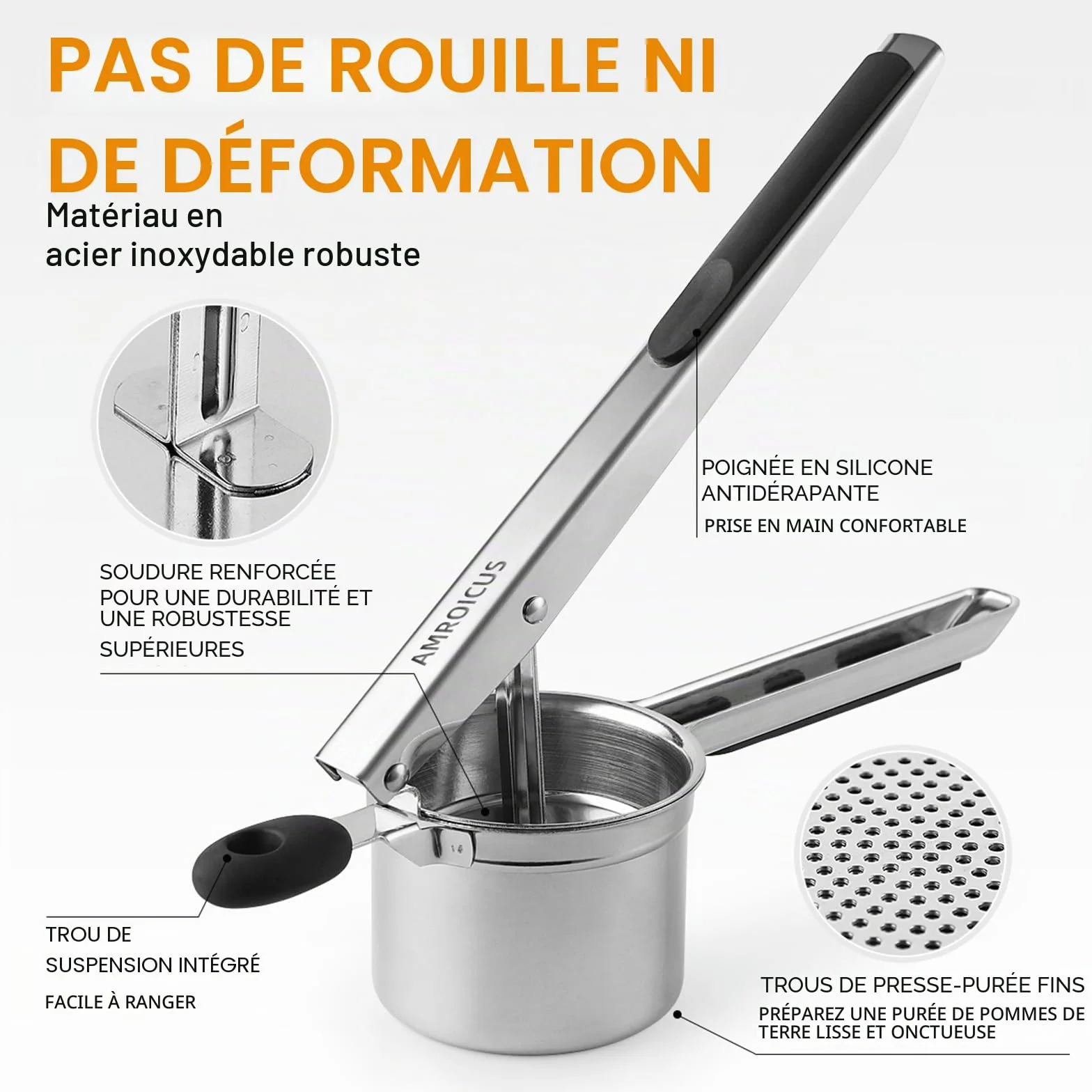 Presse-purée inox 450 ml fond perforé fixe, presse à pommes de terre grande capacité