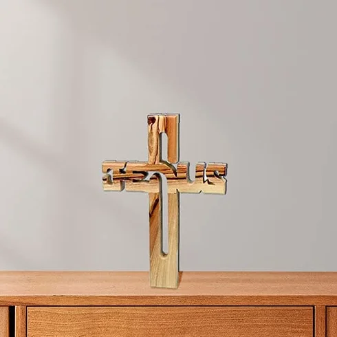 MaMeMi Croix Jésus en Olivier Fait Main Bethléem Croix Chrétienne Bois Inscription JESUS Décoration Religieuse Cadeau Communion