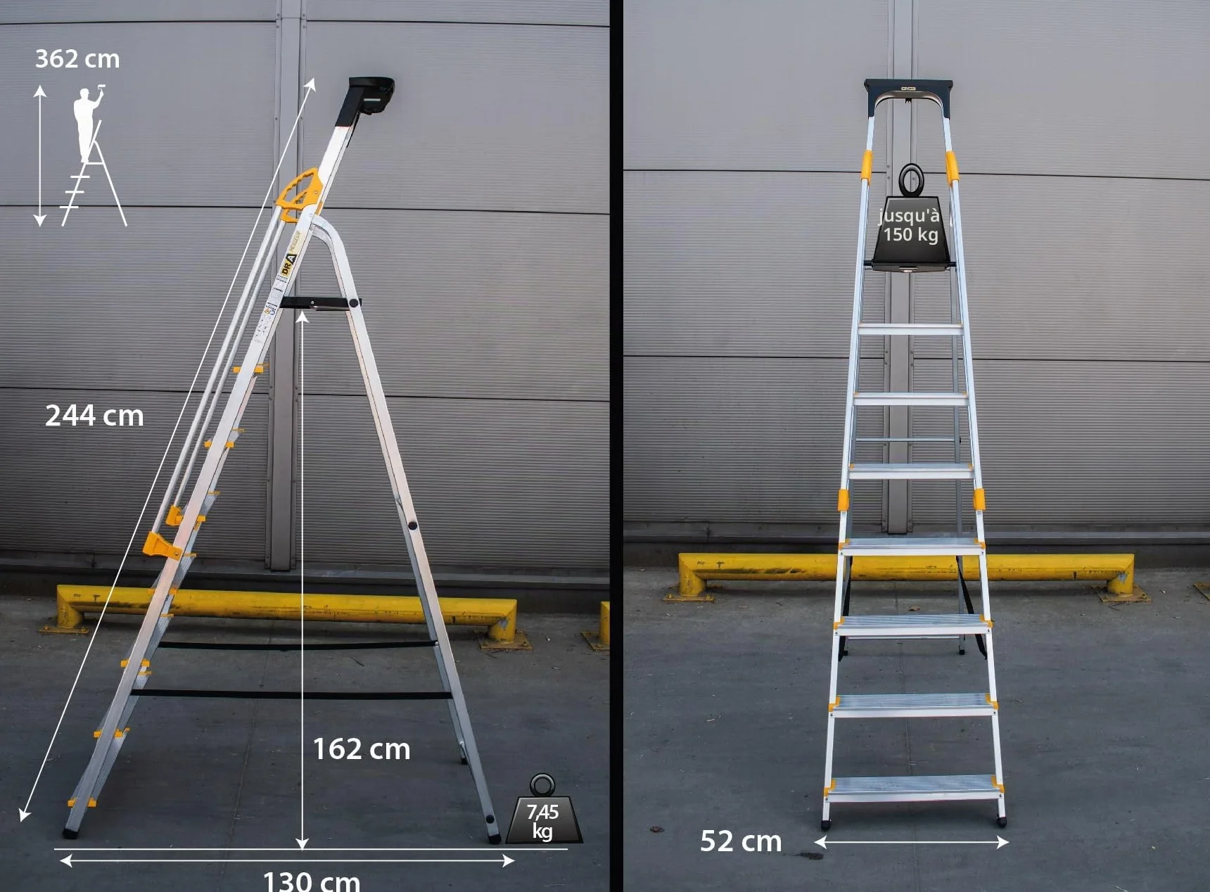 Drabest Échelles Série Pro Escabeau Ménager 8 Marches Aluminium 150 KG 52x239x12 cm