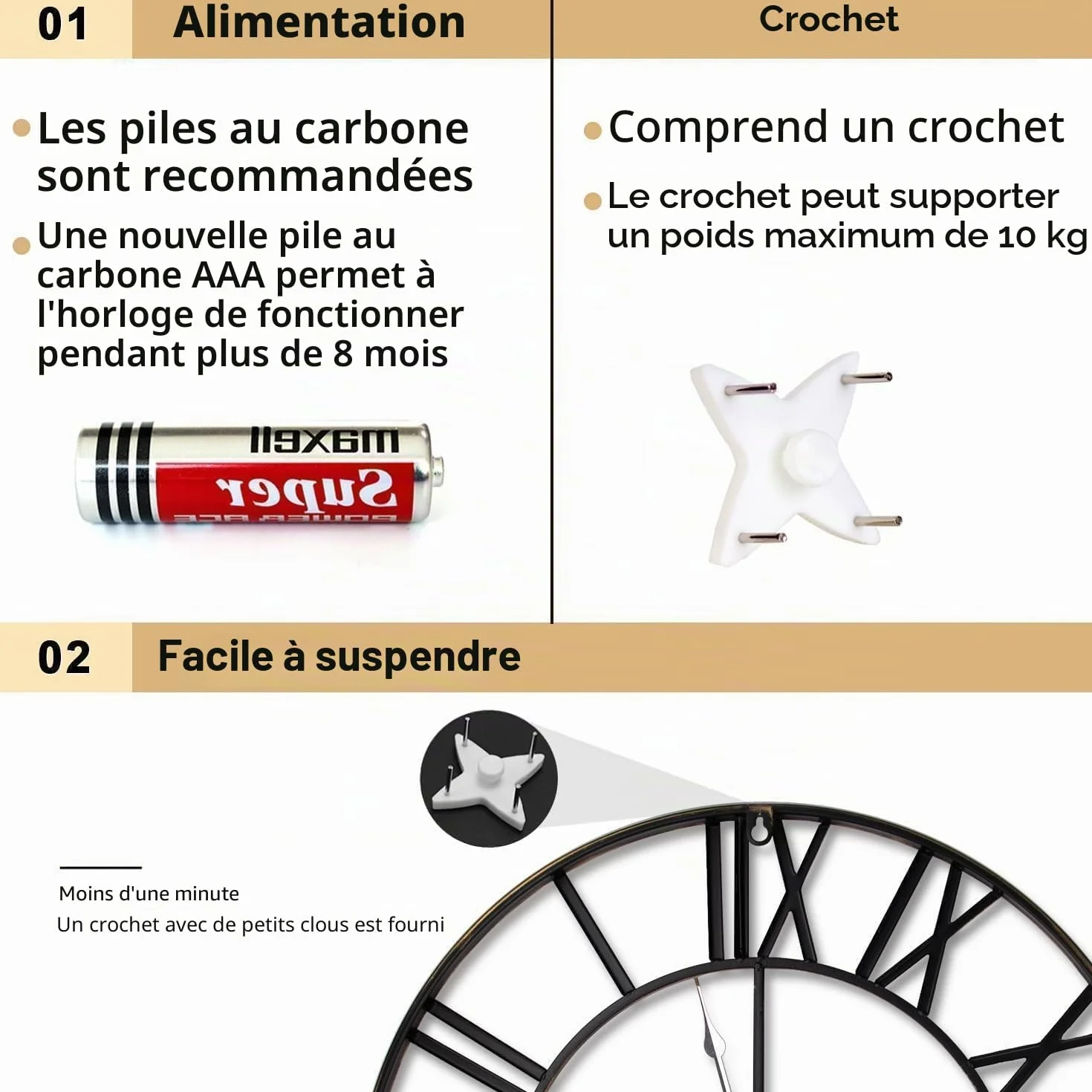 GUDEMAY Horloge Murale Design Moderne Vintage 50 cm Silencieuse Métal Chiffres Romains Noir