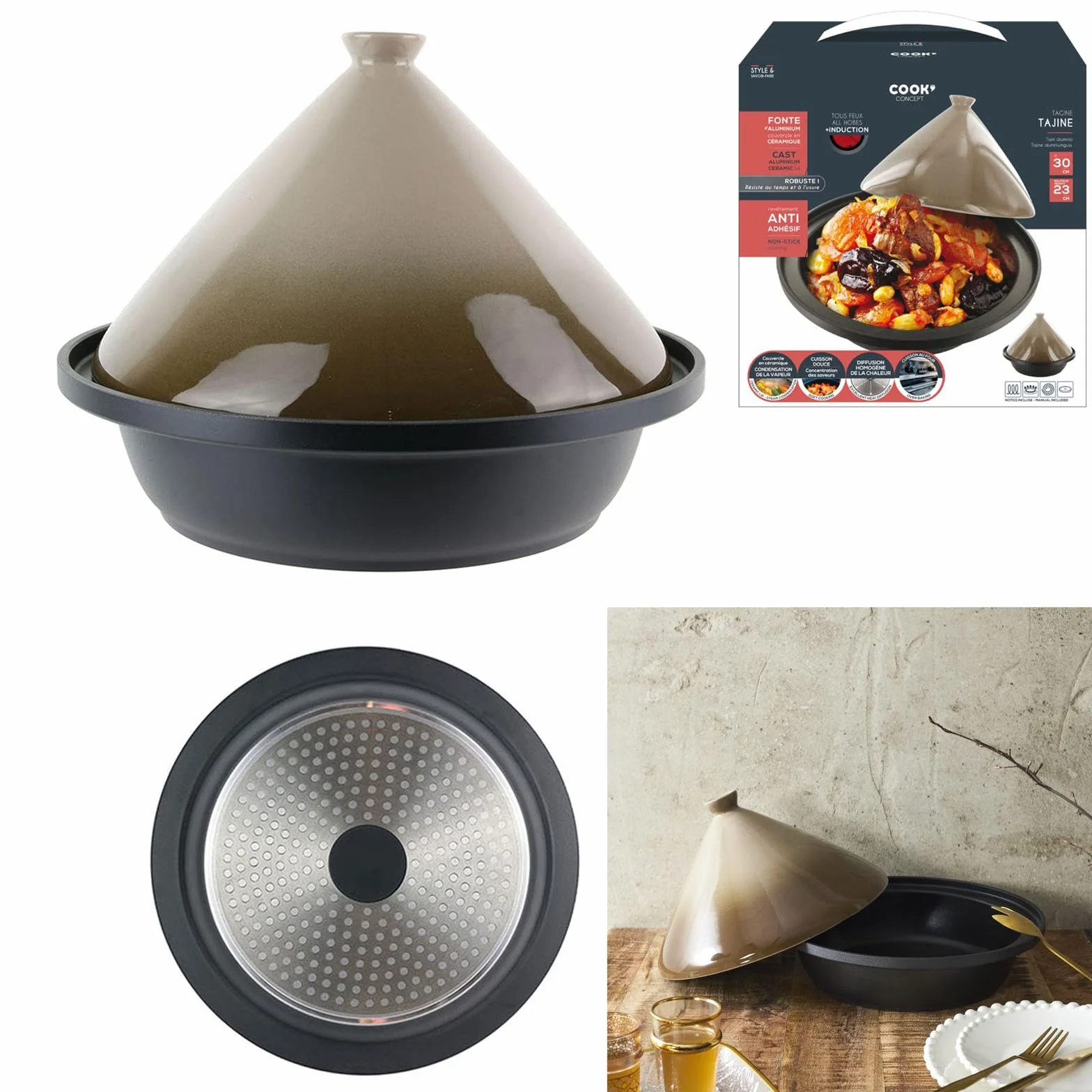 COOK CONCEPT Tajine en Fonte d'Aluminium Ronde Antiadhésif Compatible Induction 30 cm Taupe