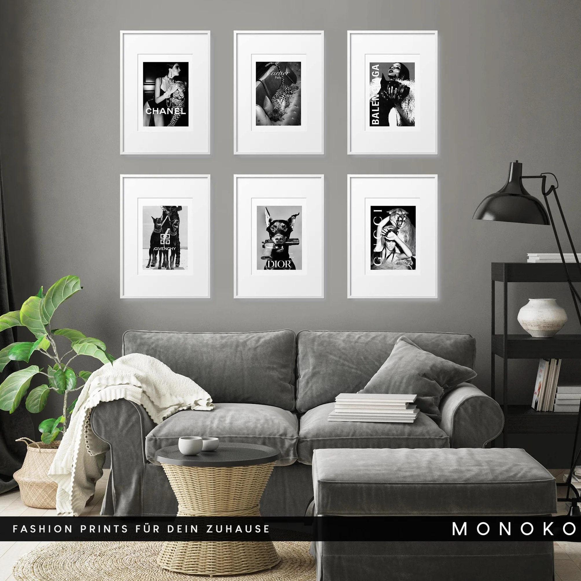 Lot de 6 posters muraux modernes Noir et blanc MONOKO® pour salon chambre à coucher A4
