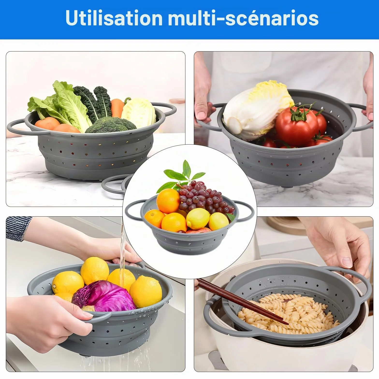 Passoire Pliable en Silicone 28 cm Sans BPA Cuisine Camping Gris