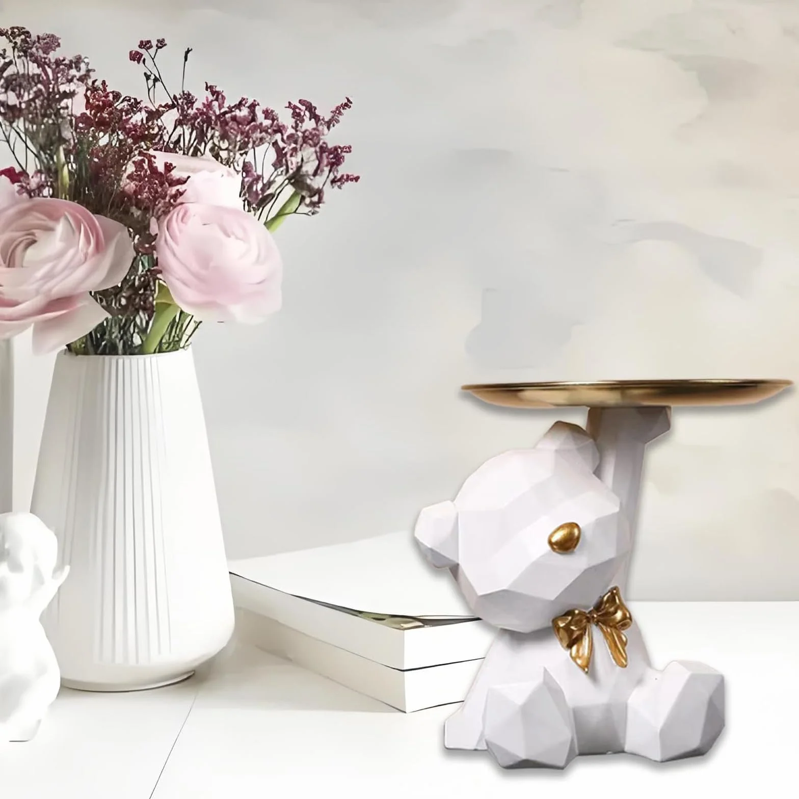 Sculpture d'Ours en Résine Plateau Décoratif, Statue de Rangement Mignon (Blanc)
