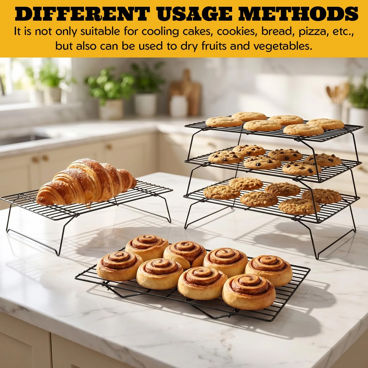 Grille de Refroidissement Pâtisserie 40×25×7,5 cm Acier au Carbone Antiadhésive Pliable Empilable