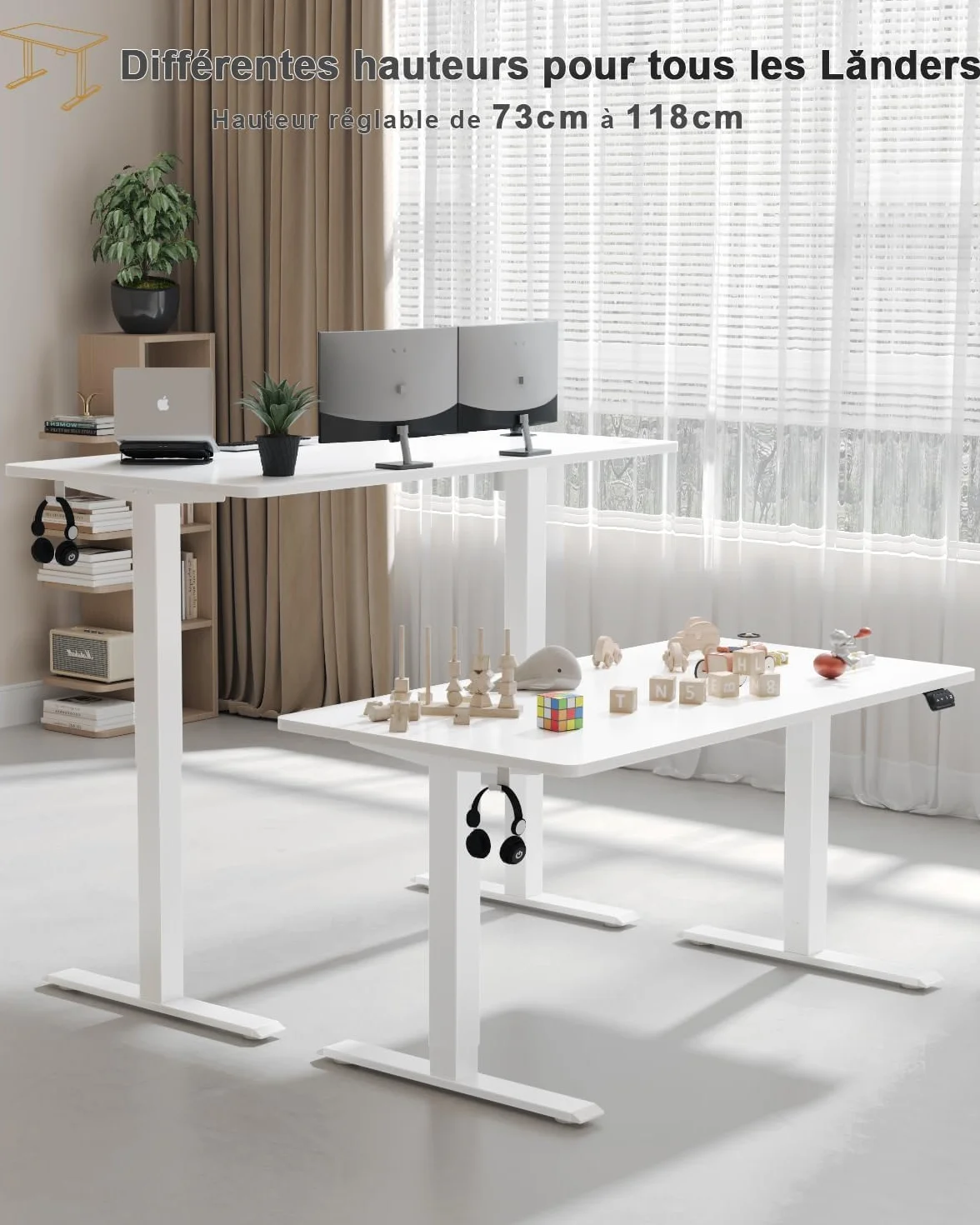 Bureau Assis Debout Électrique 120x60 cm - Réglable en Hauteur Motorisé avec 2 Mémoires - Blanc