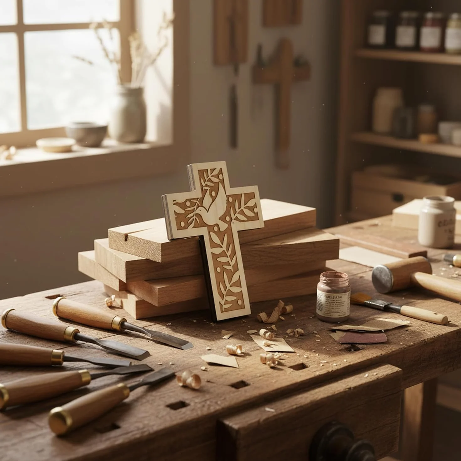 Croix murale en bois d'épicéa 18 cm avec colombe et rameaux d'olivier Kaltner