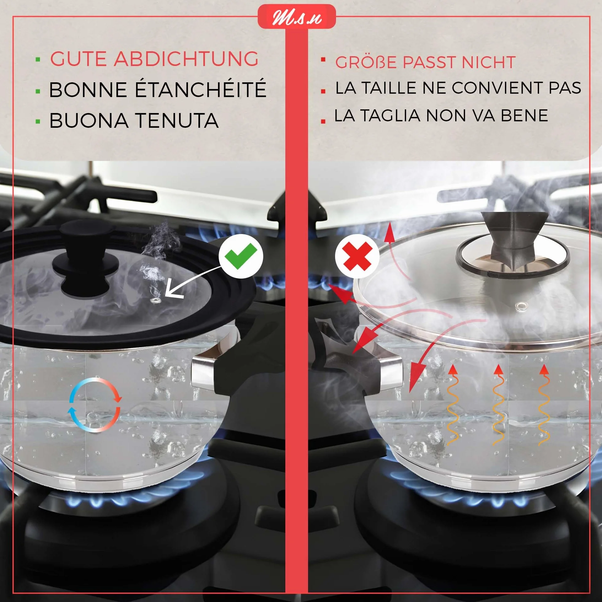 Lot de 2 couvercles en verre pour casseroles et poêles 16/18/20 cm et 24/26/28 cm, avec soupape d'échappement et bord en silicone noir