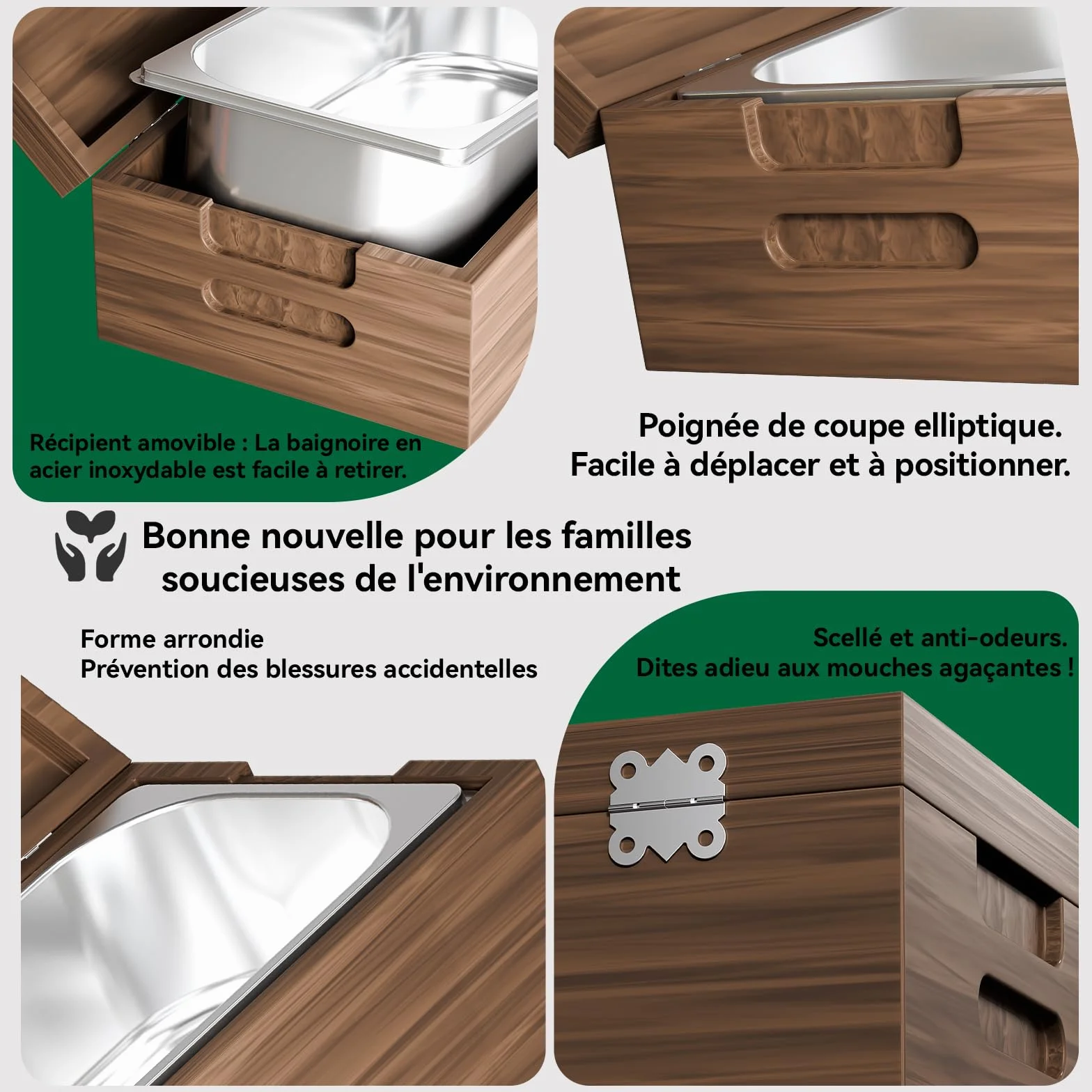 Poubelle de Cuisine 4L Bois véritable Acier Inoxydable Anti-odeurs pour déchets Alimentaires avec récipient intérieur Amovible Noyer
