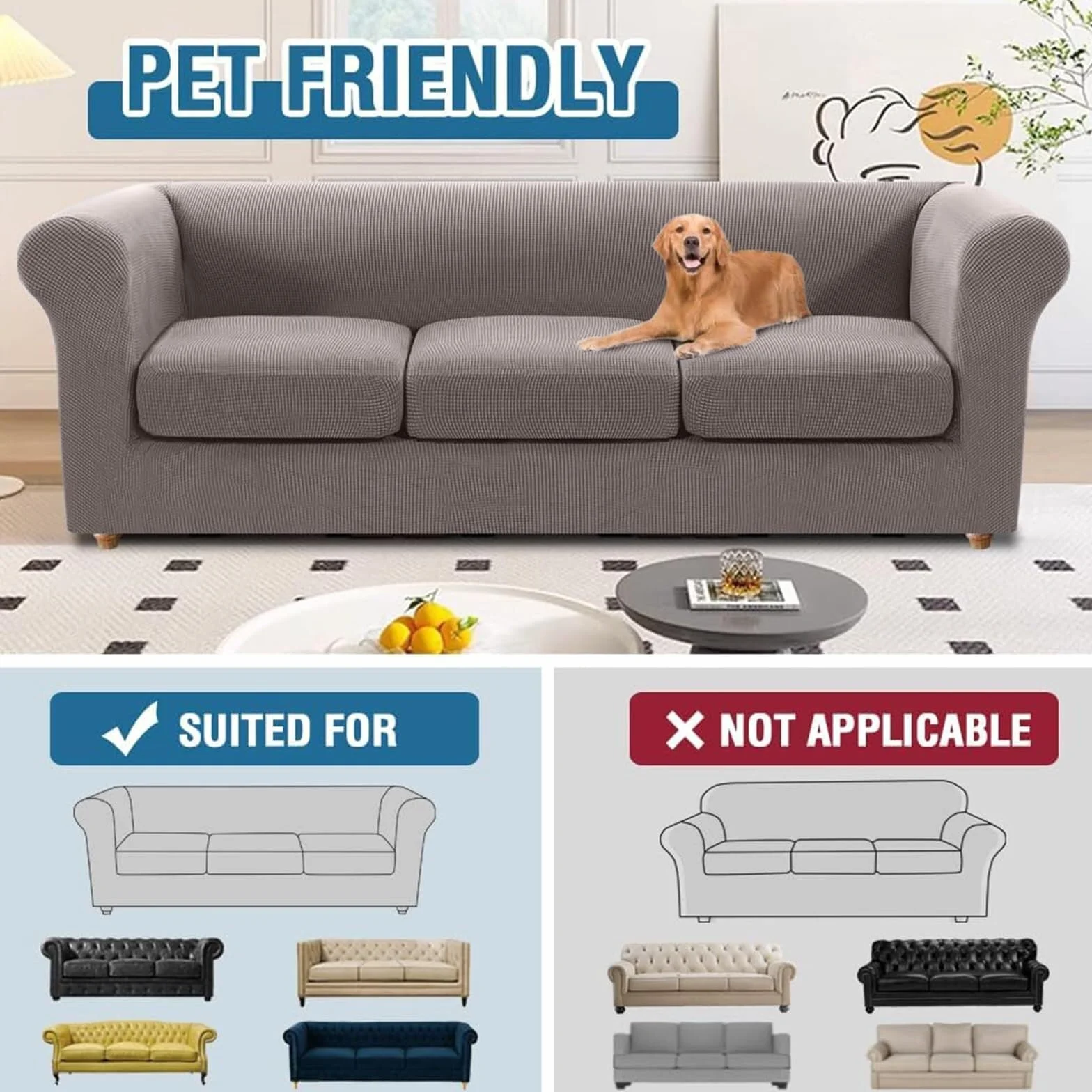 Housse de canapé Chesterfield Extensible avec Housses de Coussin, Tissu Jacquard Plus épais, 3 Places