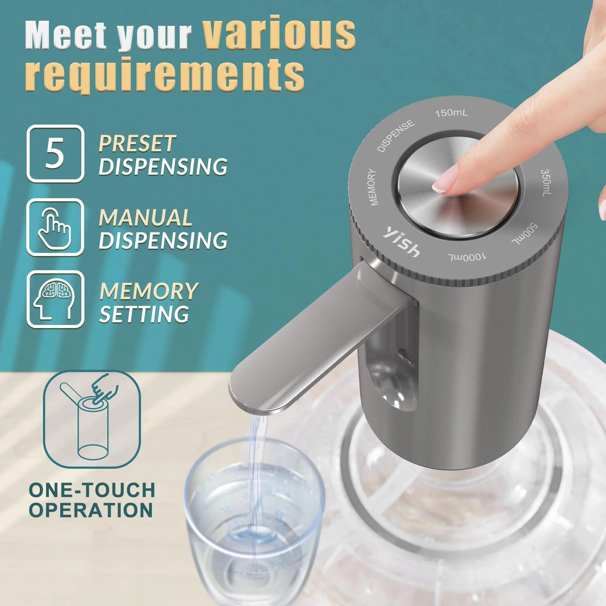 YISH Pompe Distributeur Eau Portable Rechargeable USB 3.8-18.9L Bouteille Maison Camping Bureau