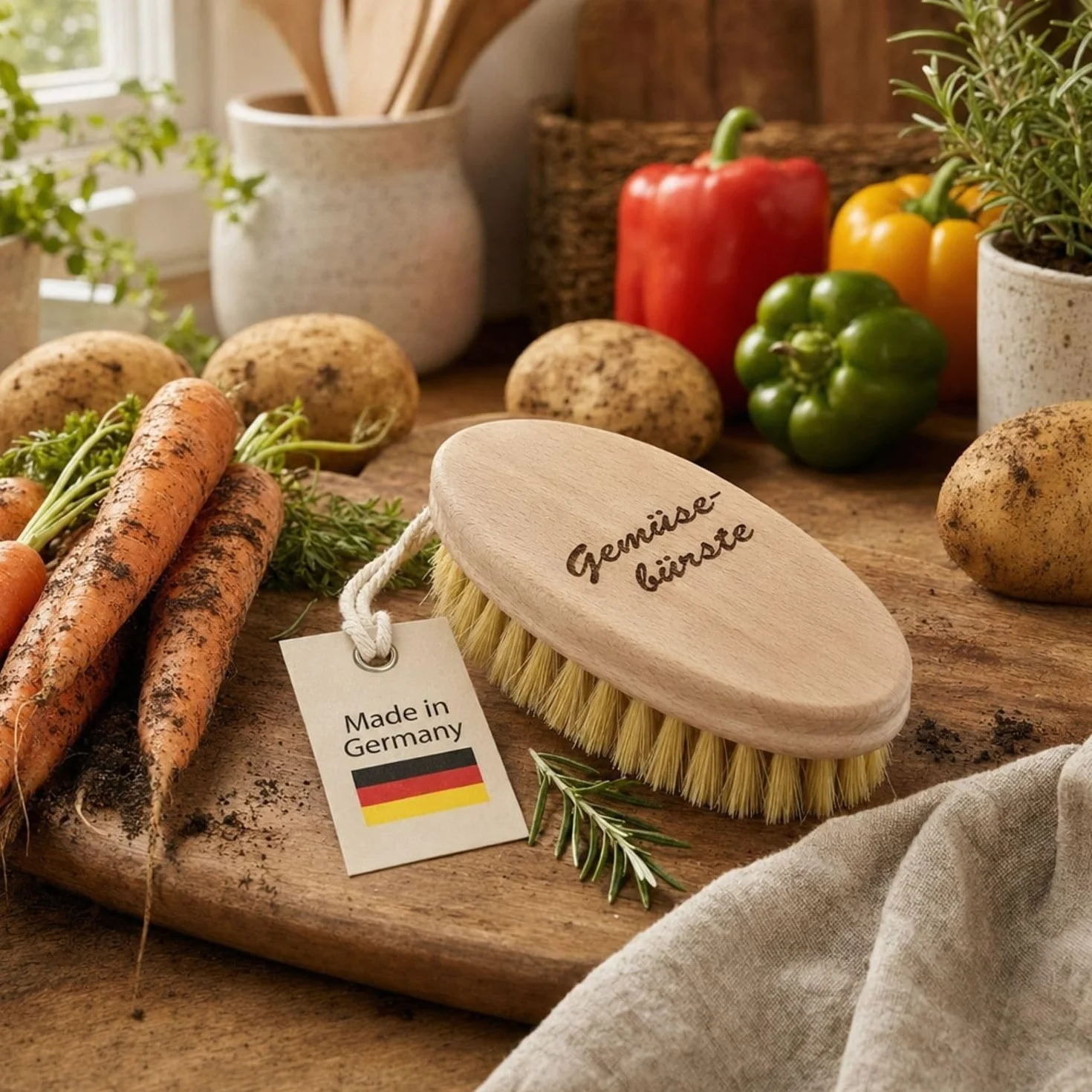 Brosse à légumes en bois de hêtre avec poils naturels durable pour laver légumes et fruits