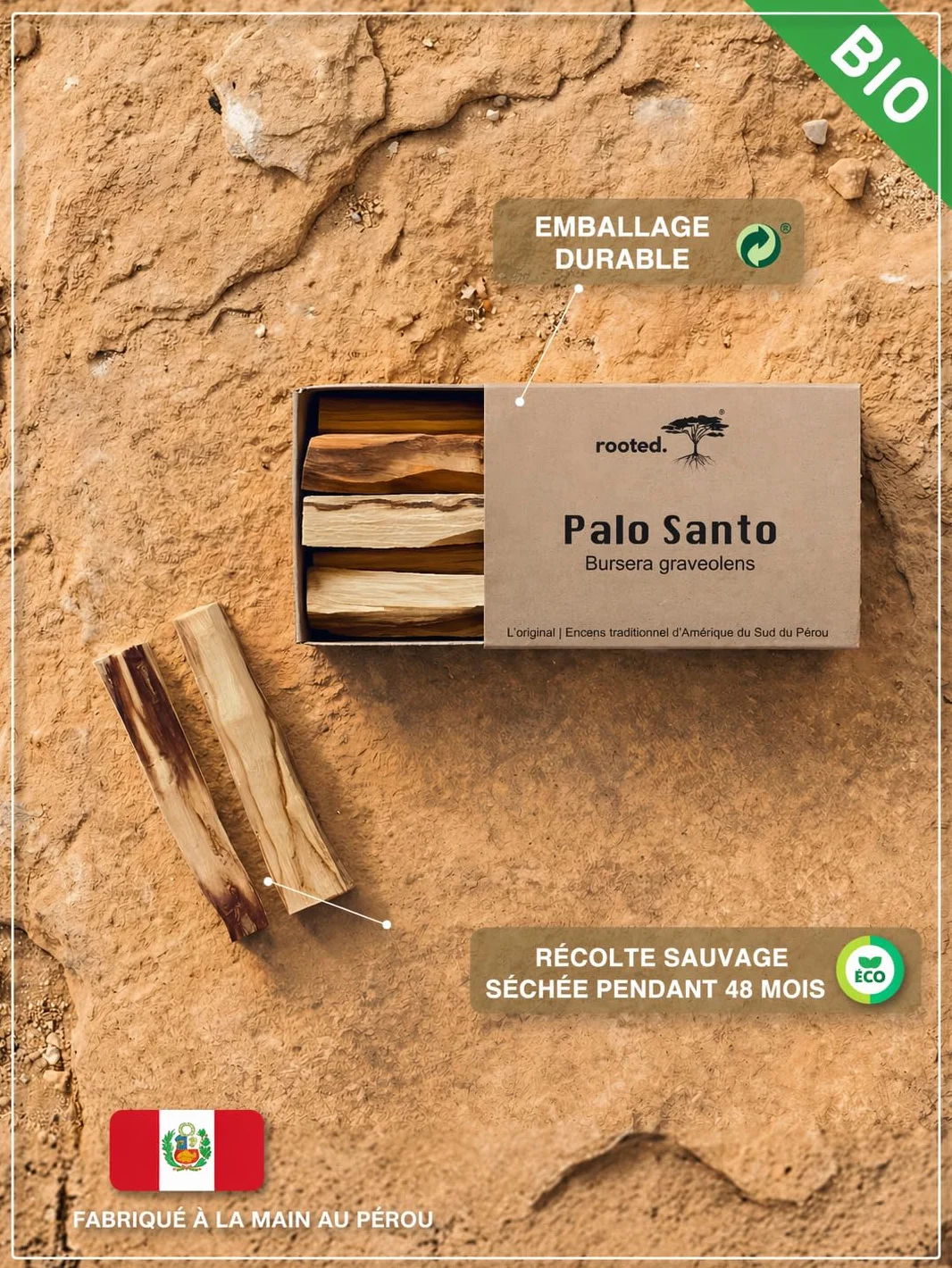 rooted.® L'Original Palo Santo - Bois sacré du Pérou - Encens - Méditation et Purification - Récolte Durable