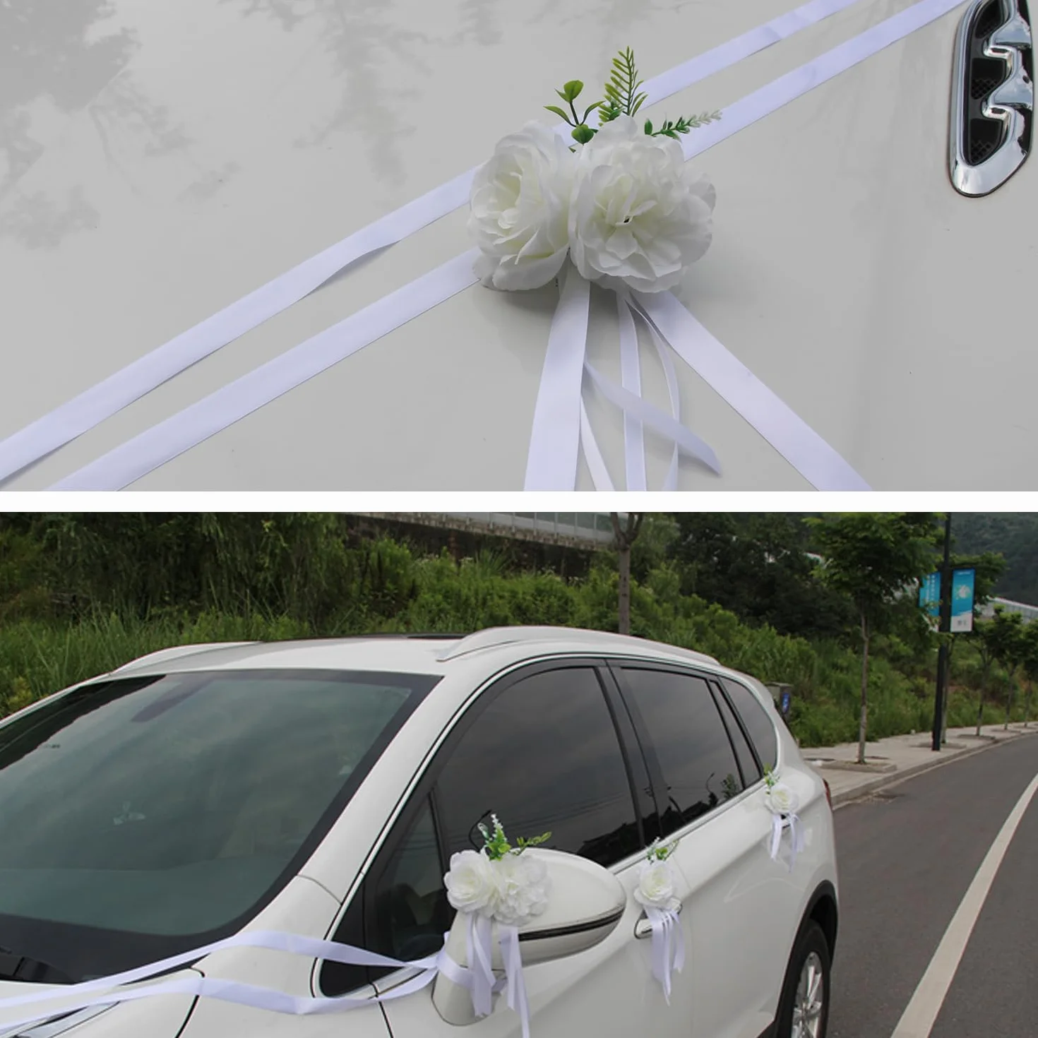 Chexin Ensemble de décoration de voiture de mariage Premium, roses blanches, capot mariée et marié