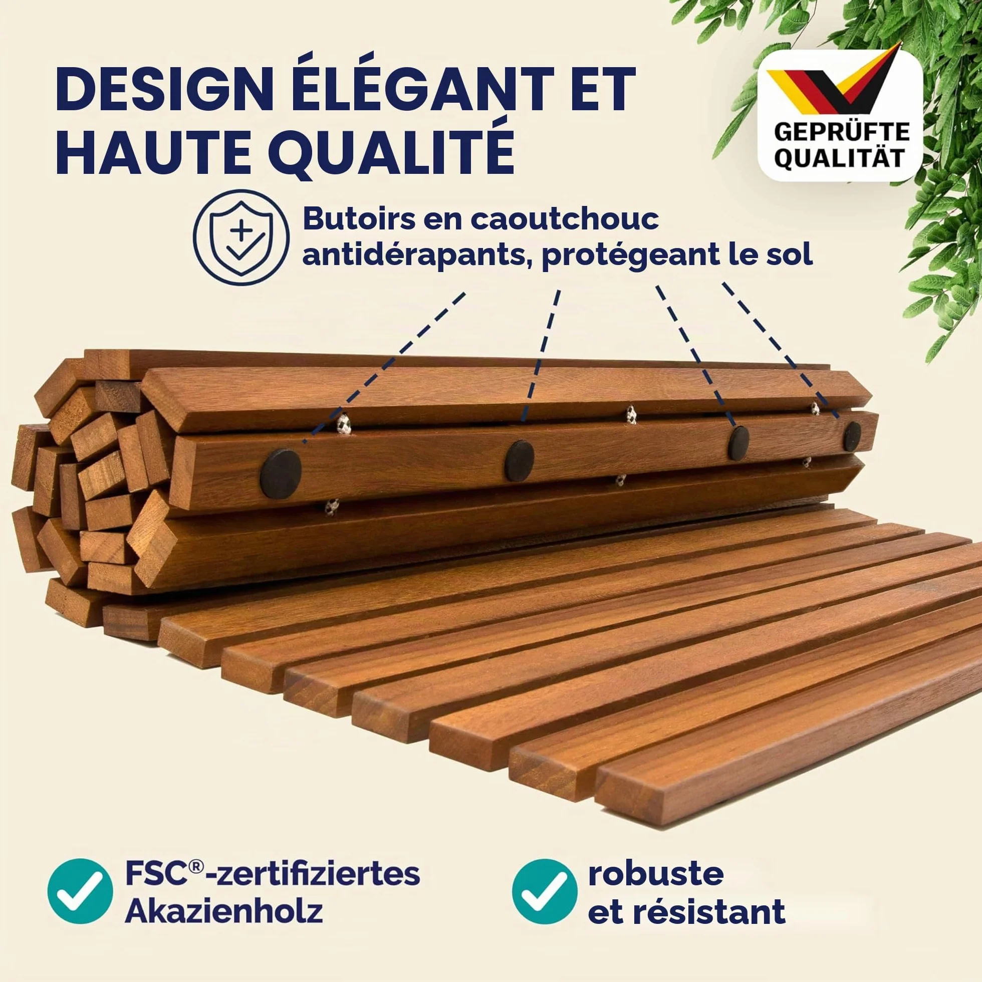 Tapis de Bain en Bois d'Acacia Antidérapant 76 x 50 cm Caillebotis Salle de Bain