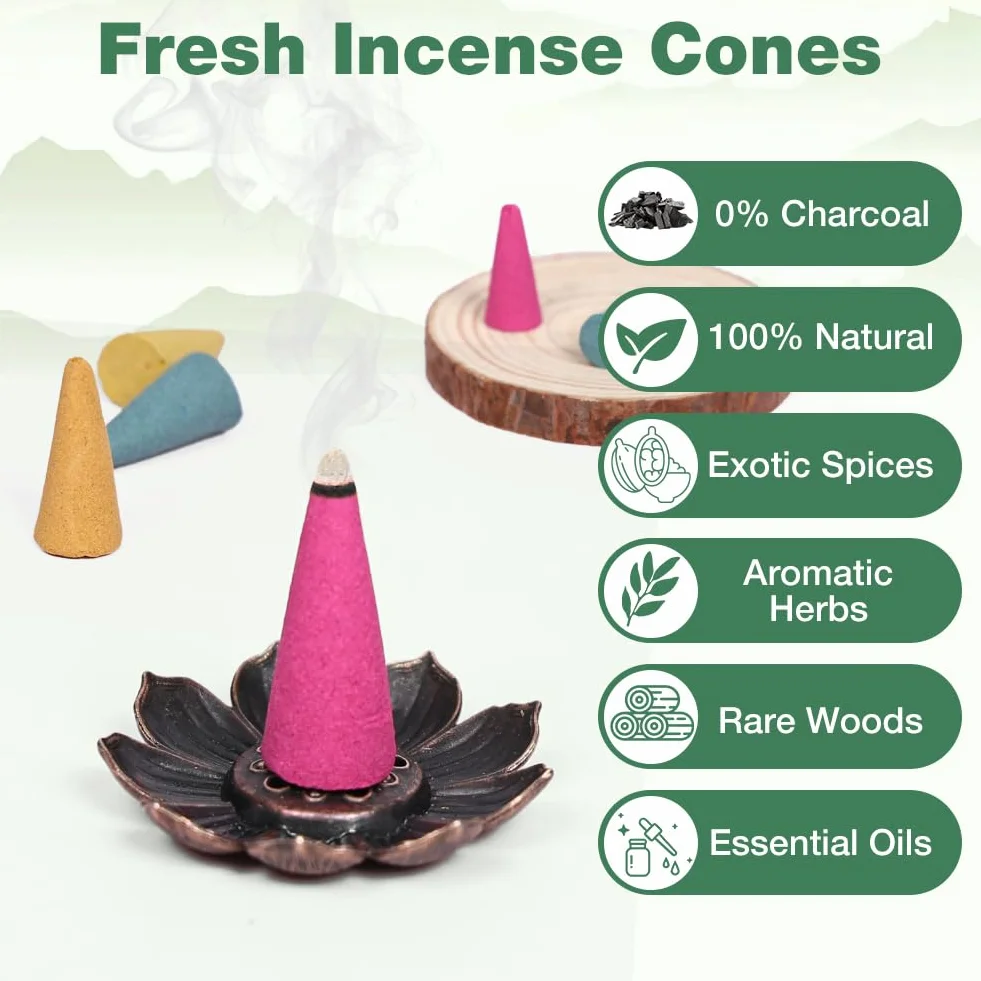 Cônes D'encens 120 Pcs Naturel avec 1 Porte-Encens 6 Parfums Rose Jasmin Osmanthus Océan Bois de Santal Armoise
