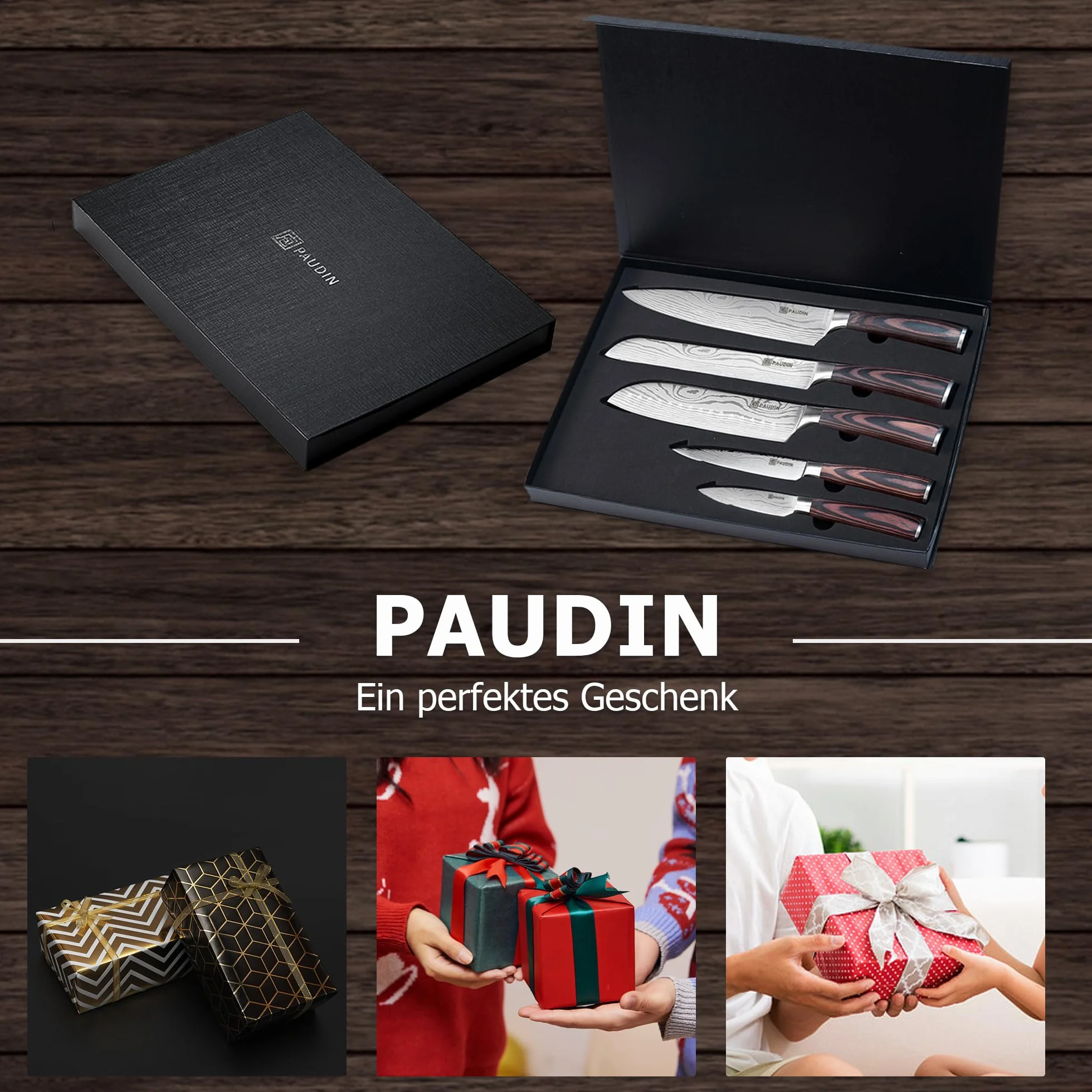 PAUDIN Set Couteau Cuisine Professionnel 5 Pièces Acier Inoxydable Couteau Chef Santoku Bois