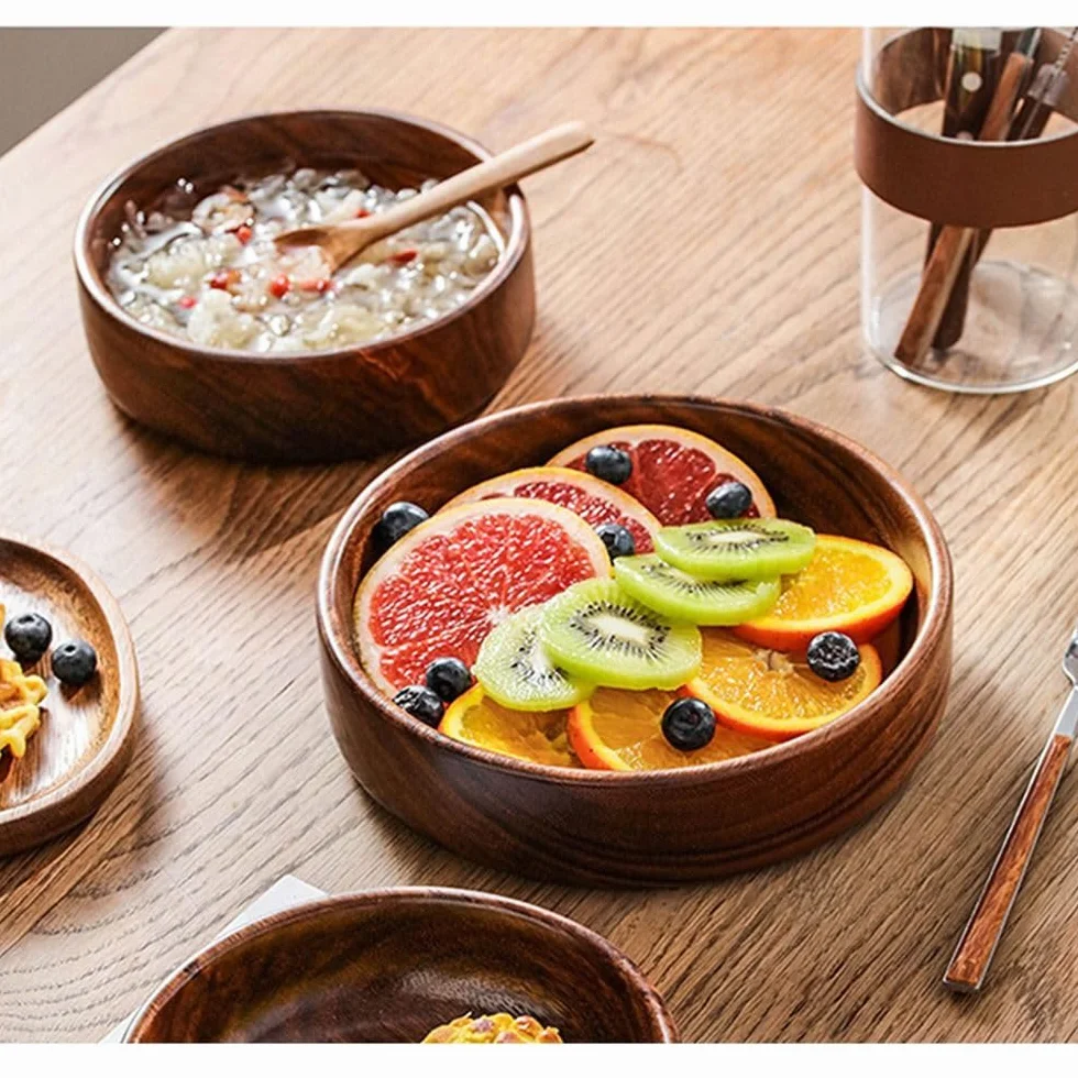 Bol de service en bois d'acacia 20 x 20 x 4,5 cm pour nourriture, fruits, salade